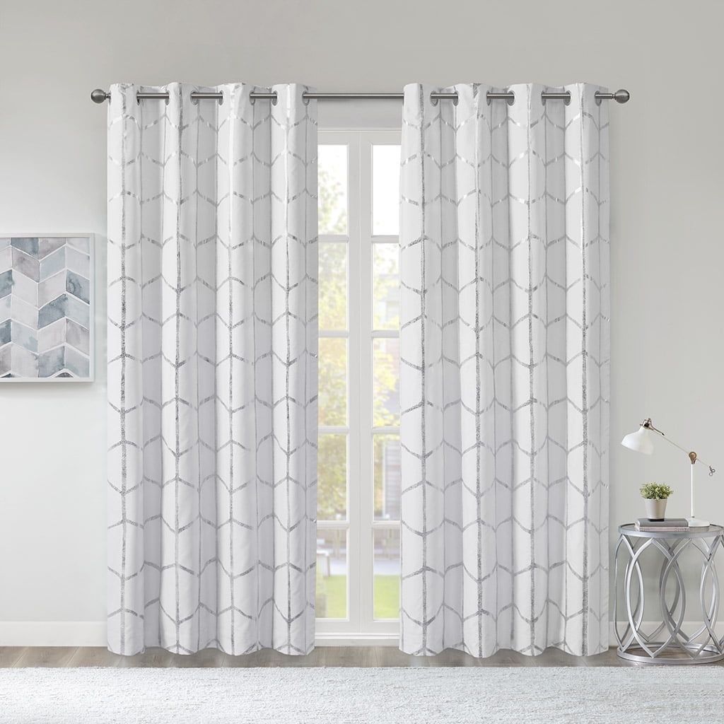 White and Silver Blackout Polyester Grommet Window Panel