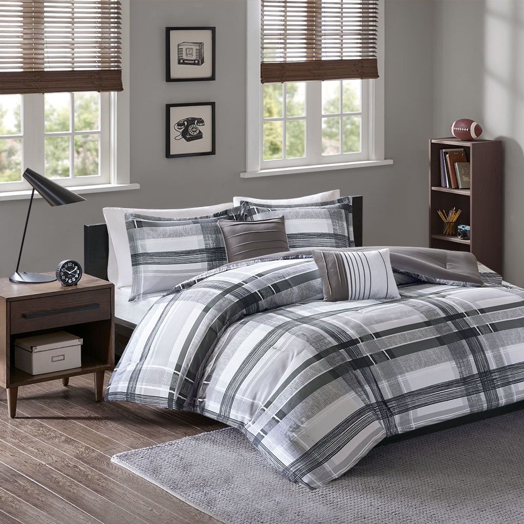 Gray Twin Microfiber Reversible Plaid Comforter Set