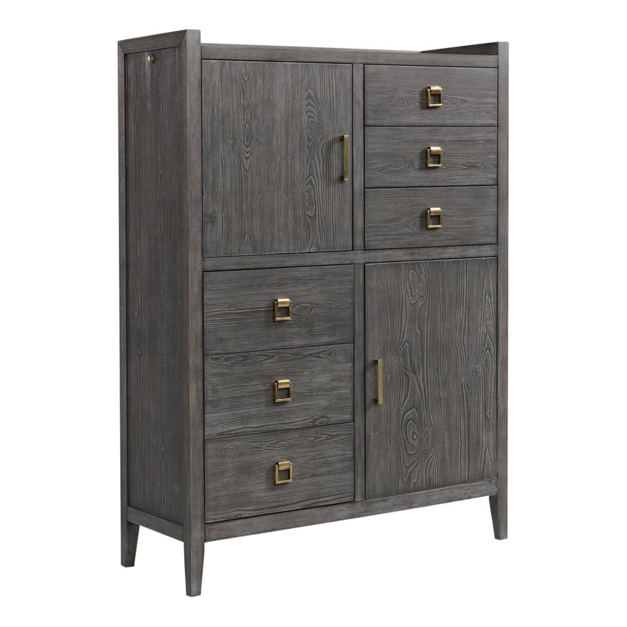 Gray Spruce Veneer 6-Drawer Gentleman's Chest with Gold Hardware