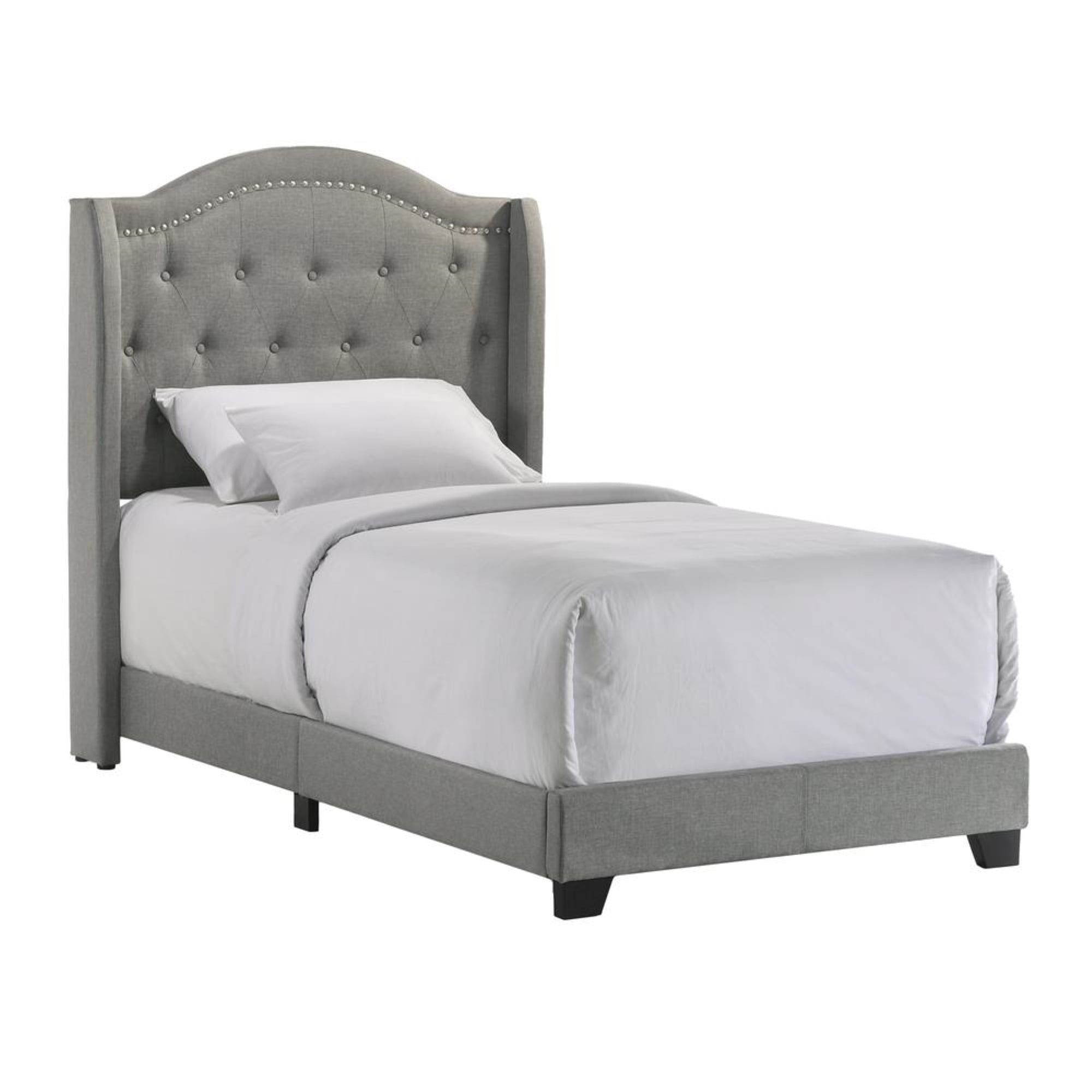 Gray Twin Upholstered Bed with Tufted Headboard and Nailhead Trim