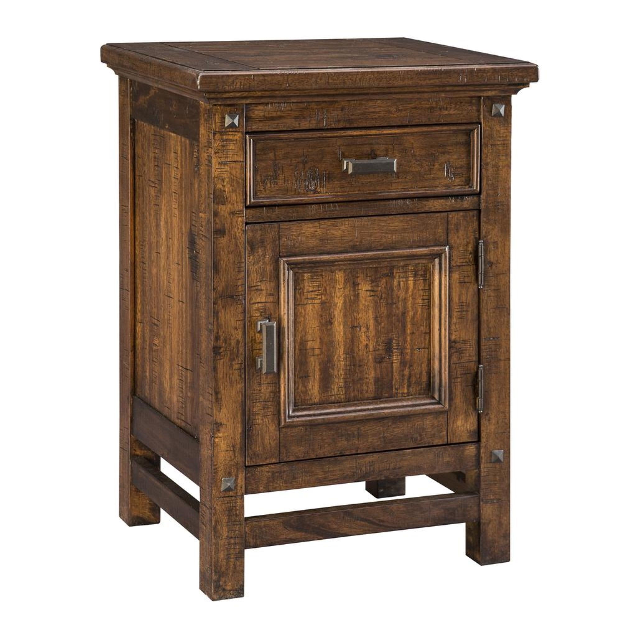 Vintage Acacia Rustic Nightstand with Drawer and Cabinet