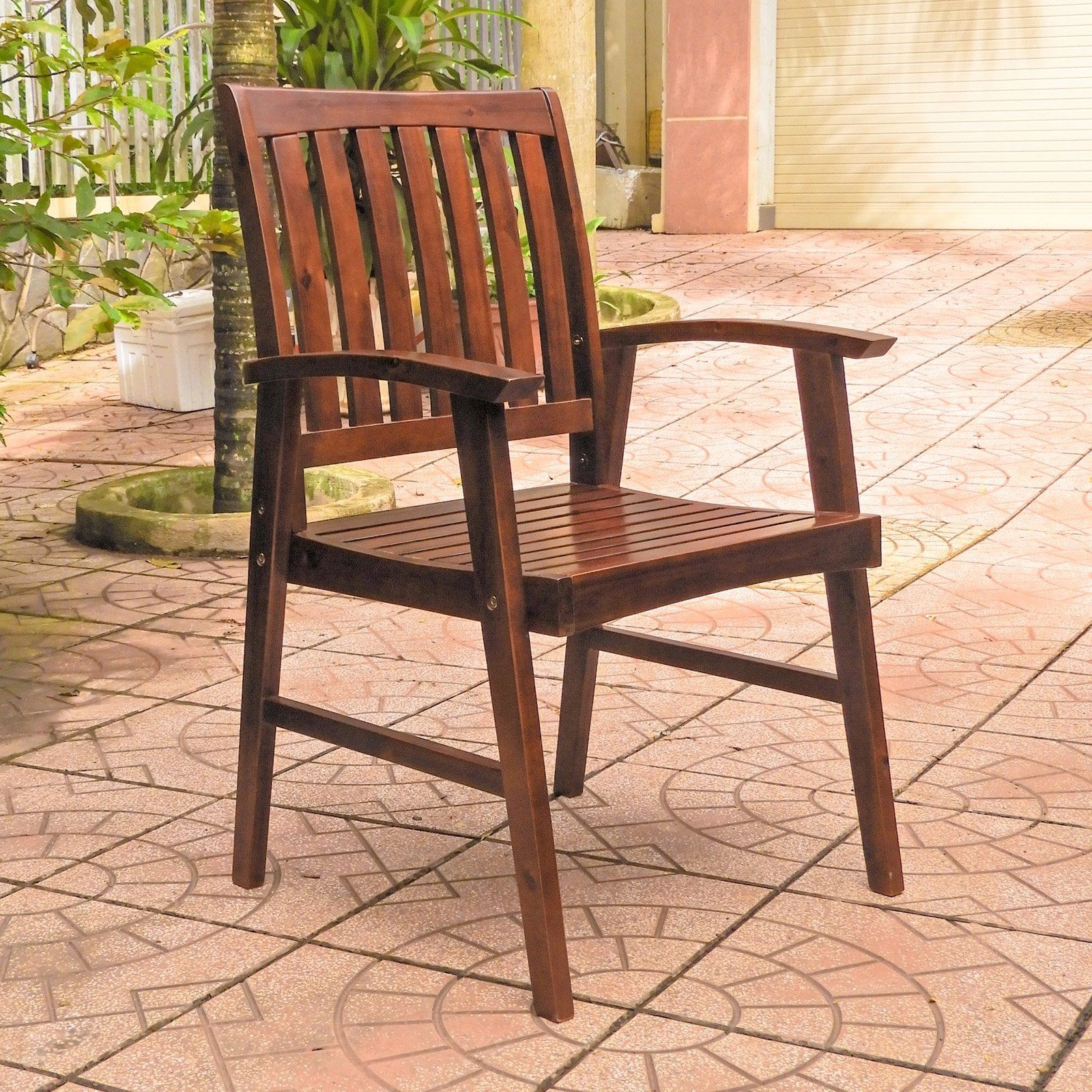 Highland Acacia Wood Slat-Back Upholstered Arm Chair, Brown