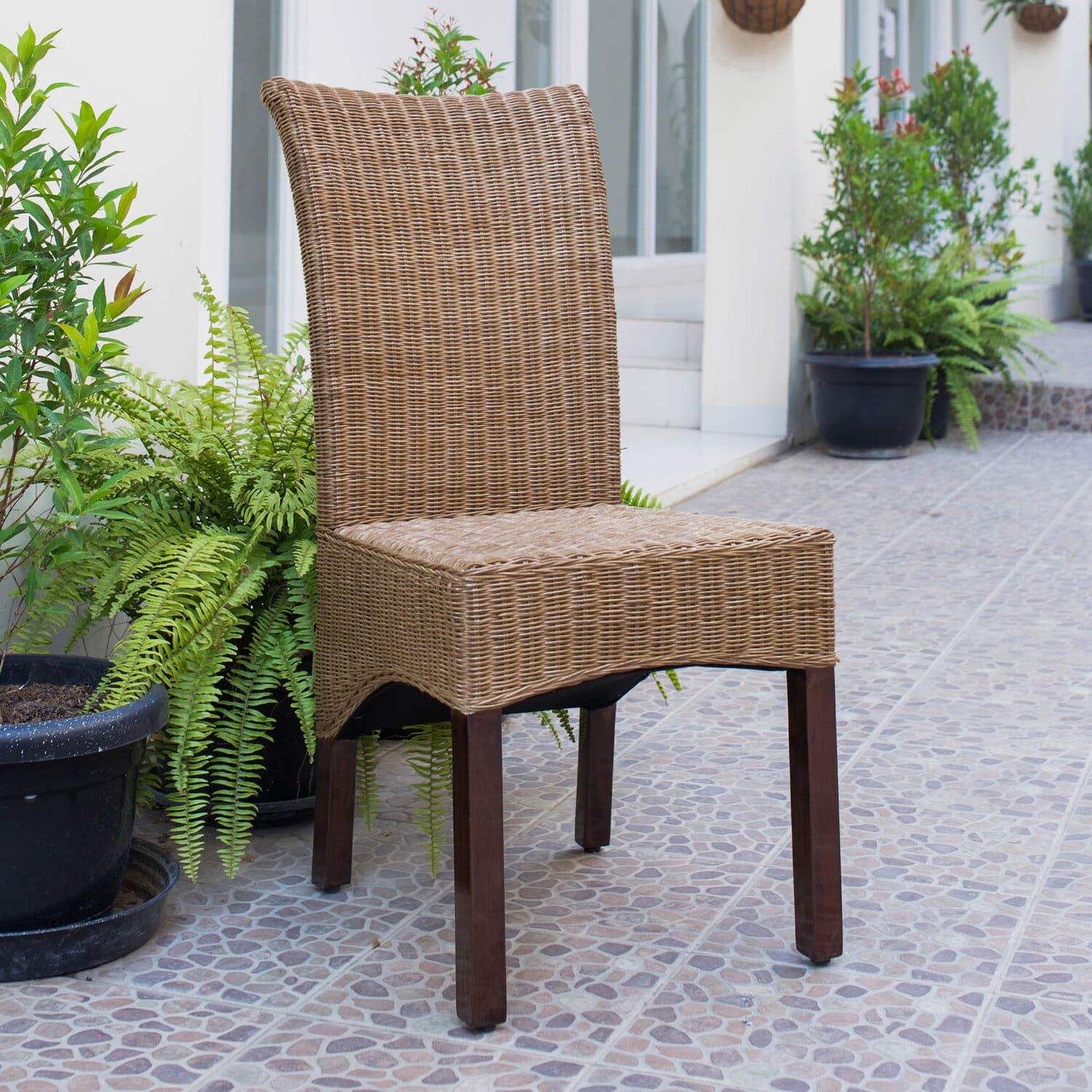 Walnut Finish High Back Rattan Side Chair