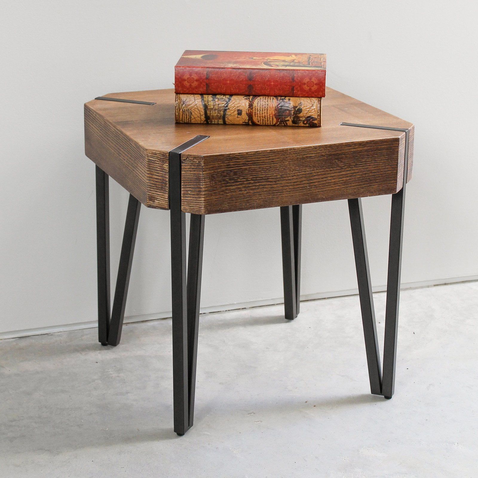 Canyon Oak Wood and Black Metal Contemporary Square End Table