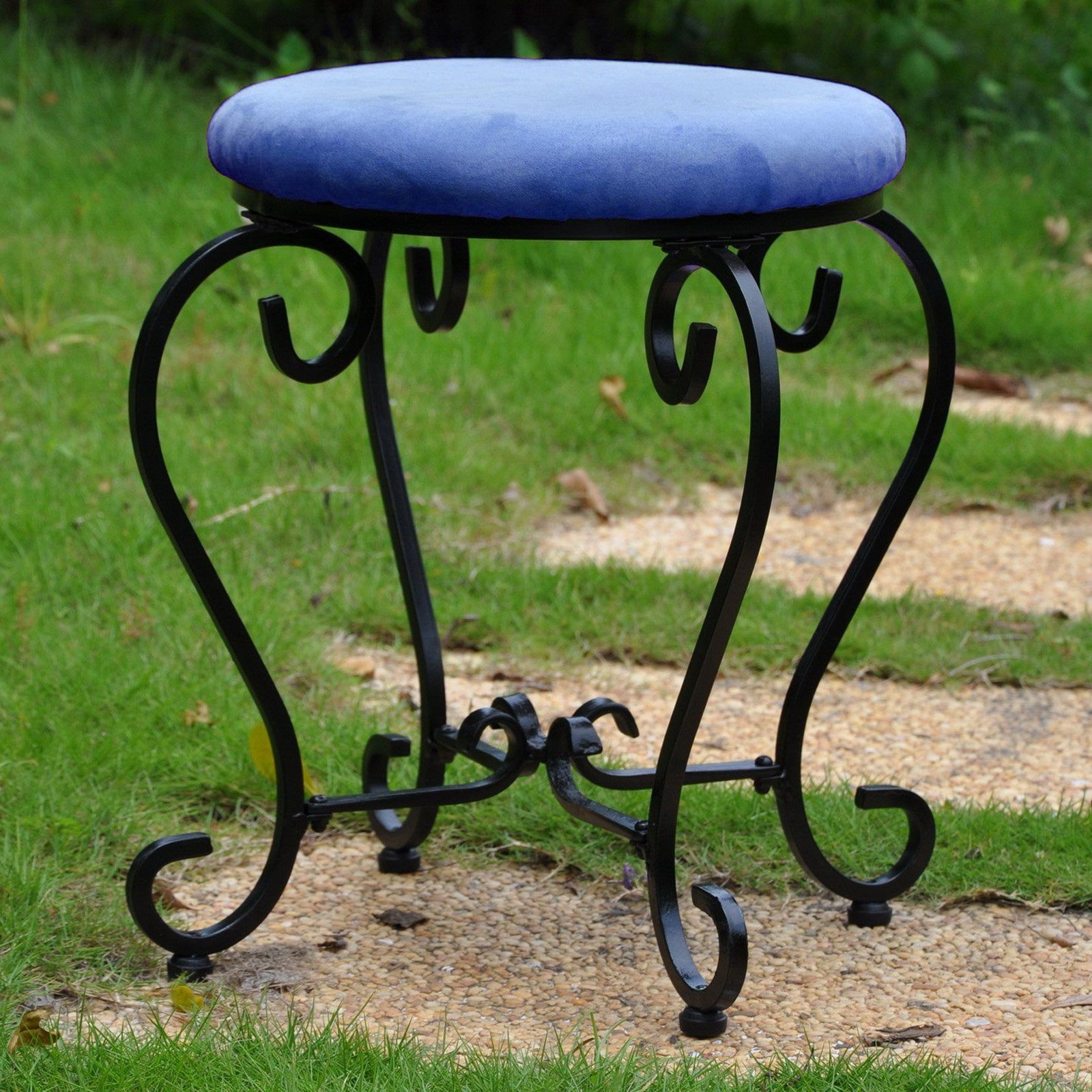 Indigo Round Iron Vanity Stool with Microsuede Cushion