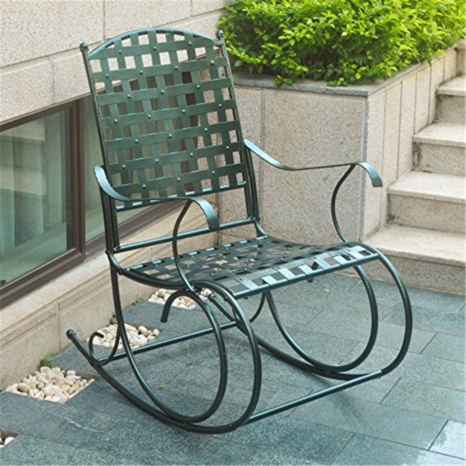 Santa Fe Verdi Gris Green Iron Metal Patio Rocker with Scroll Accents