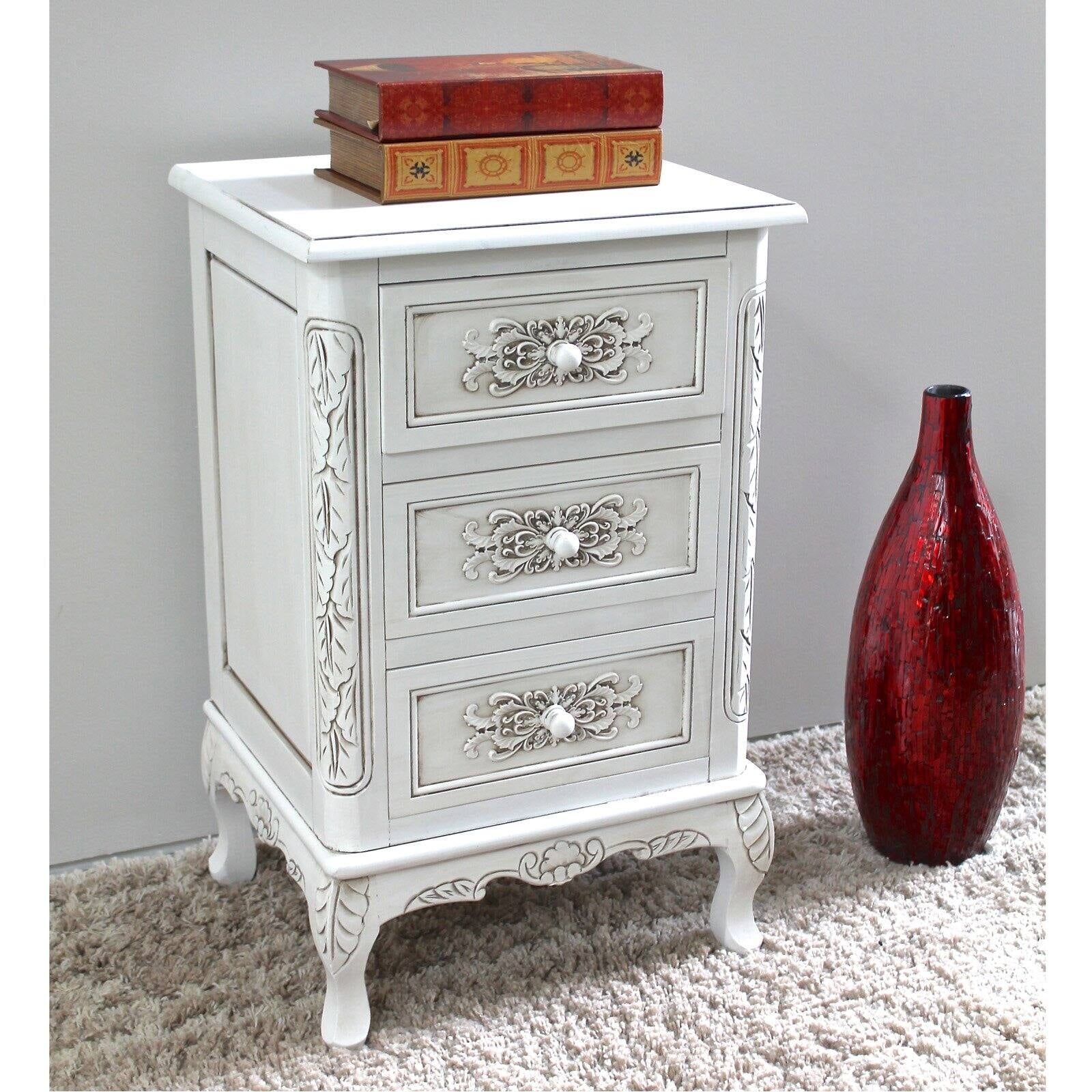 Windsor Hand-Carved Hardwood 3-Drawer Antique End Table