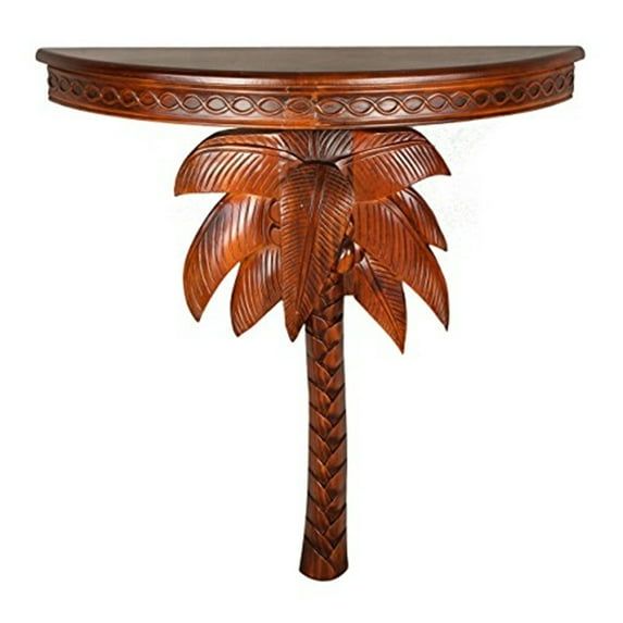Exotic Walnut Palm Tree Carved Wood Demilune Console Table