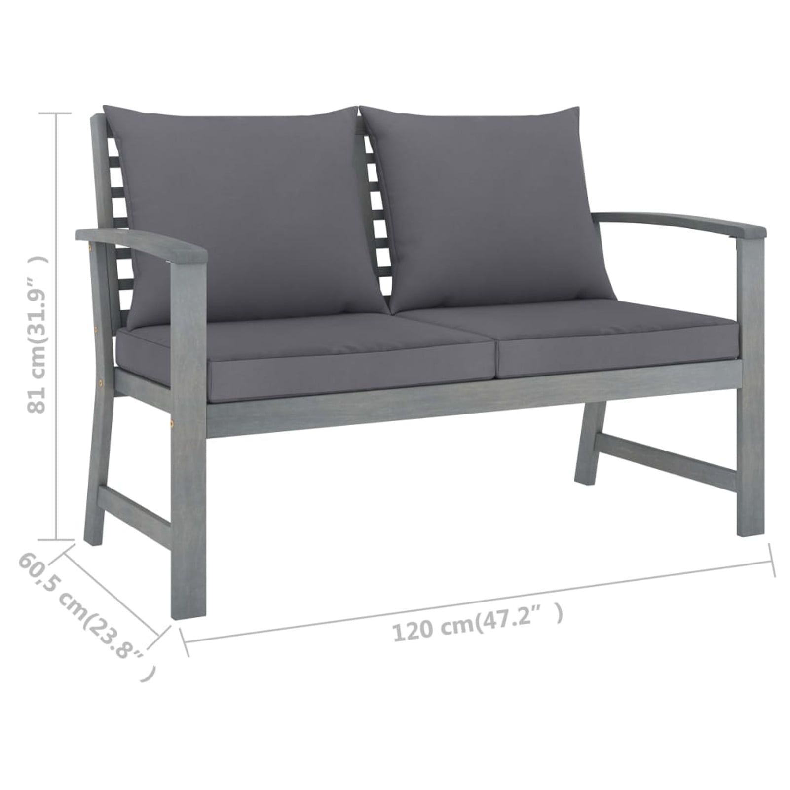 Rustic Charm 47" Solid Acacia Wood Patio Bench with Dark Gray Cushions