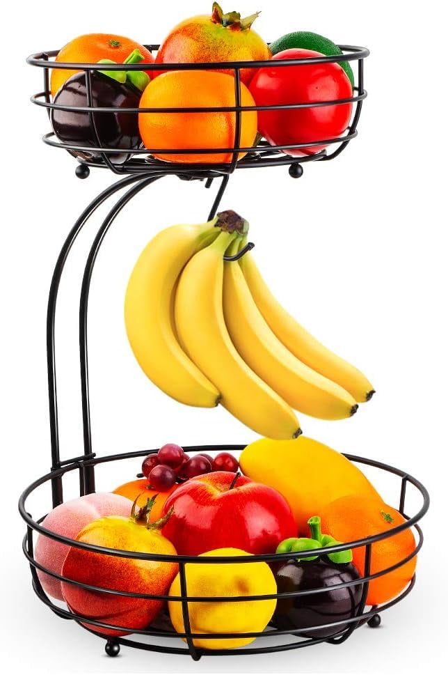 Black Metal 2-Tier Fruit Basket with Banana Hanger