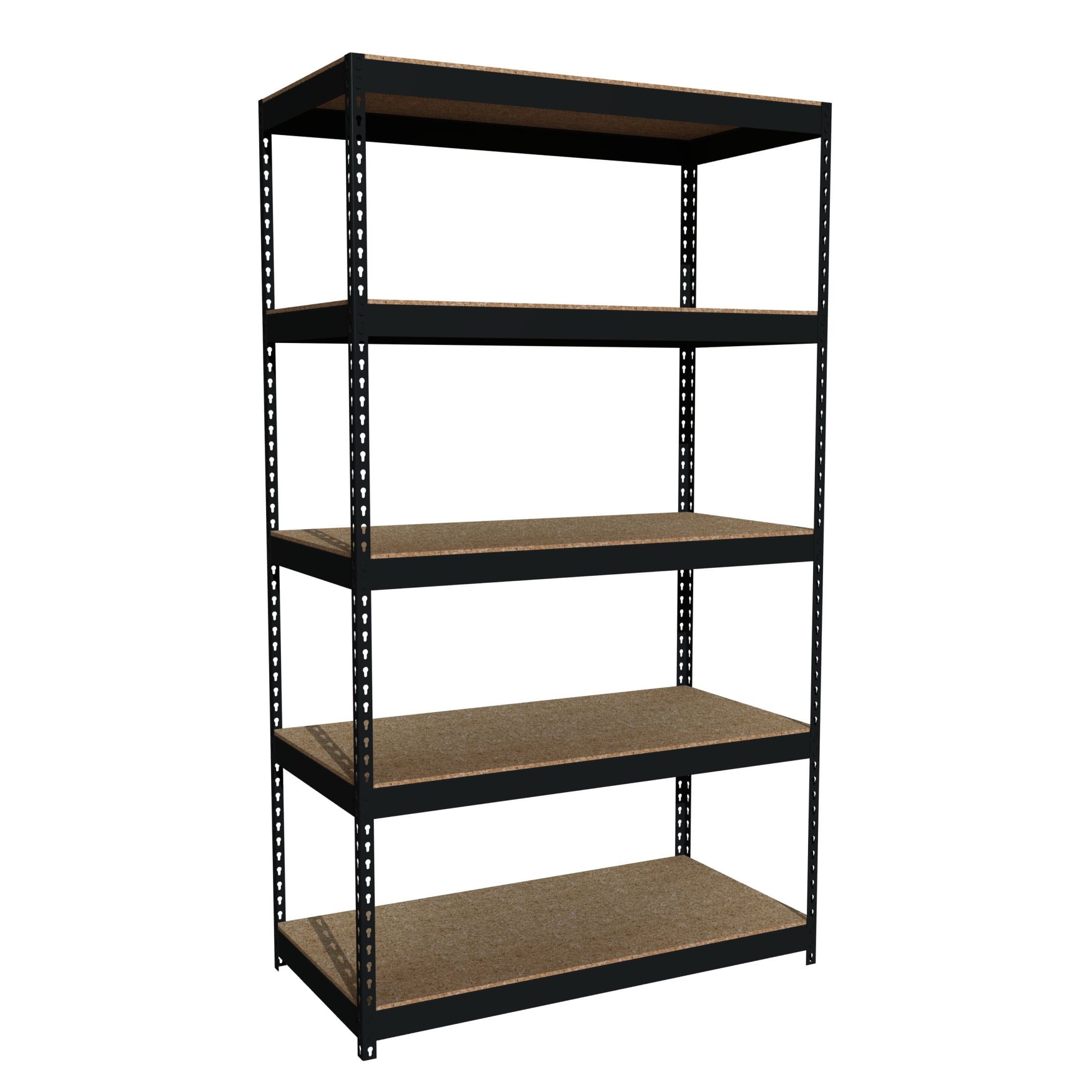 Black Riveted Steel 5-Shelf Unit with Particle Board Shelves