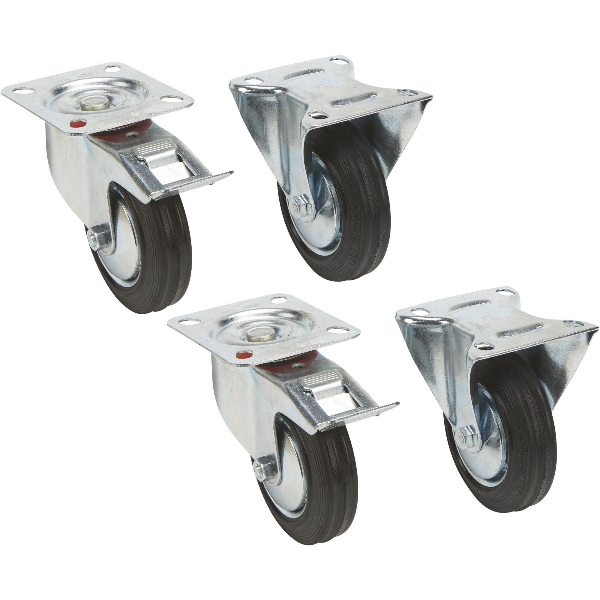 4-Pack Zinc Plated Rubber Casters with Brake, 4-inch