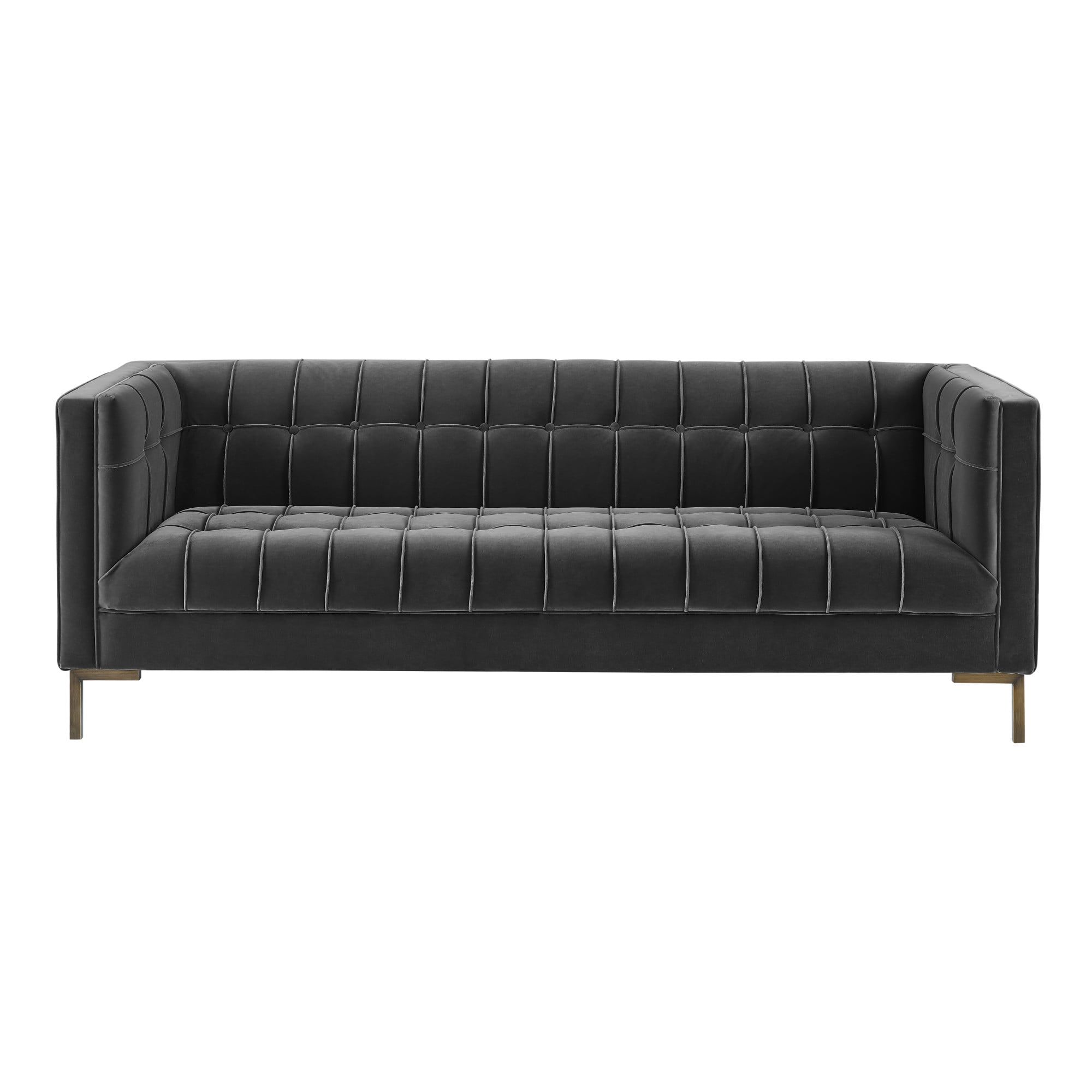 Isaac Gray Velvet Tufted Tuxedo Arm Sofa with Brass Legs