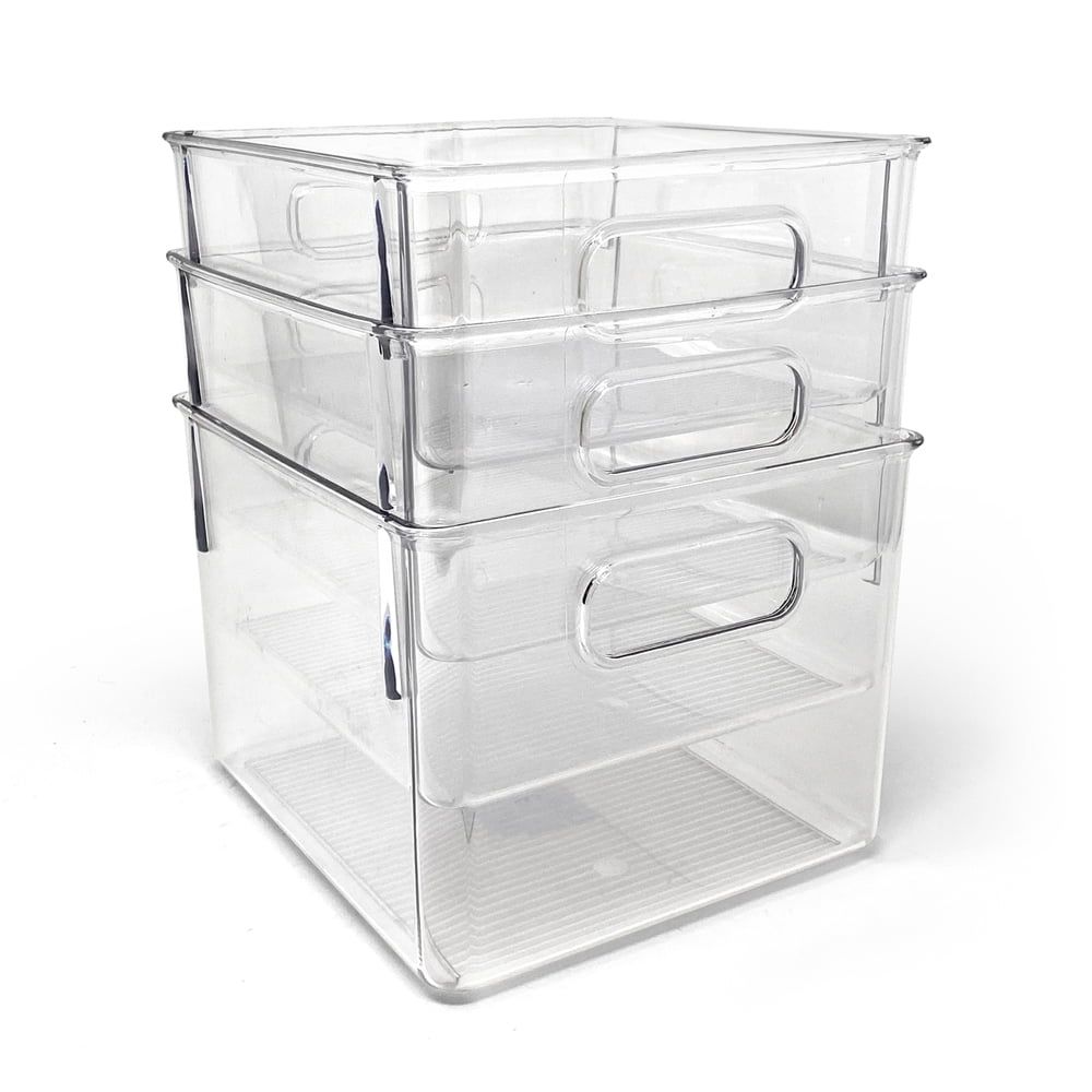 Medium Clear Plastic Organizer Bins with Handles, 3-Pack