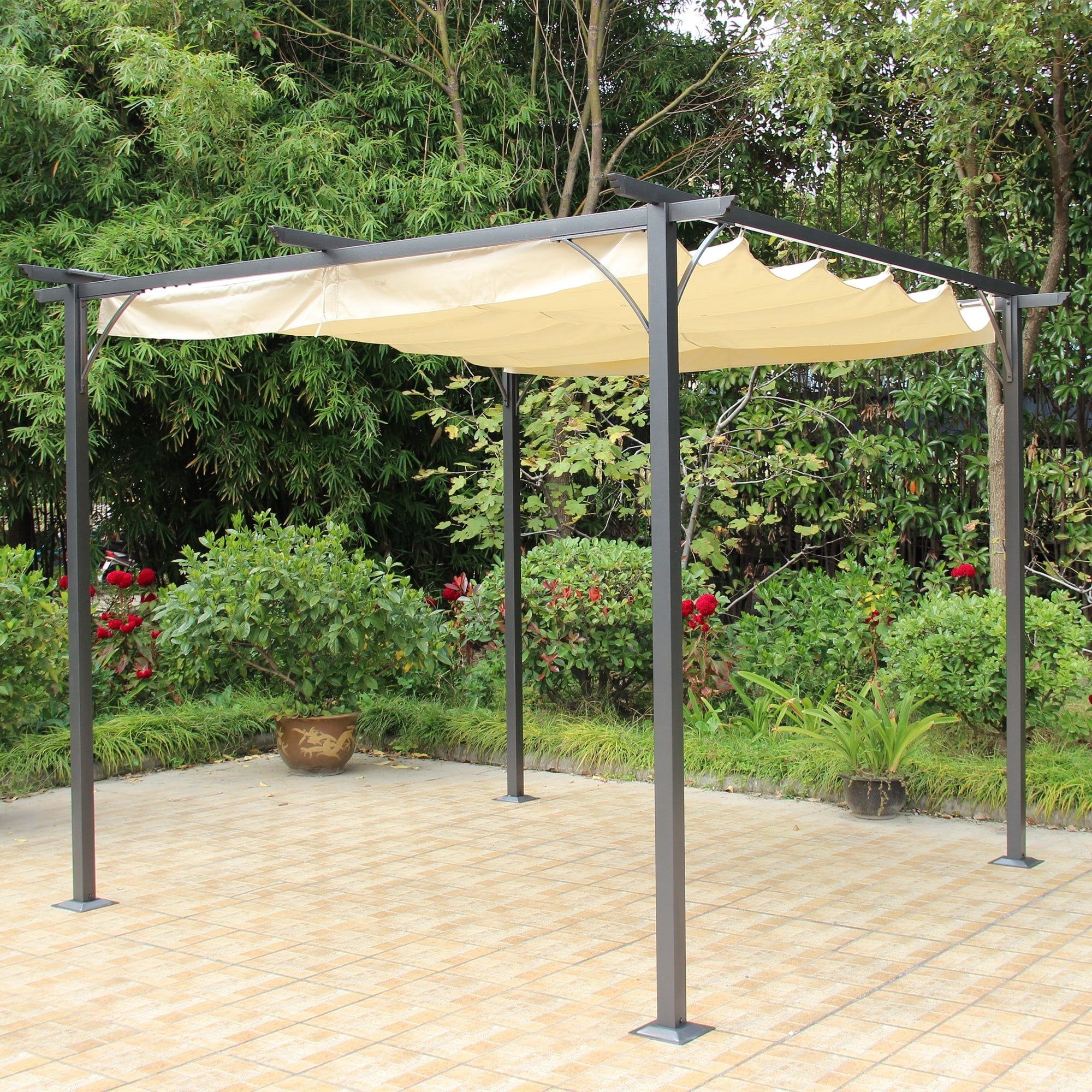 Champagne and Black Metal Retractable Roman Shade Pergola Canopy