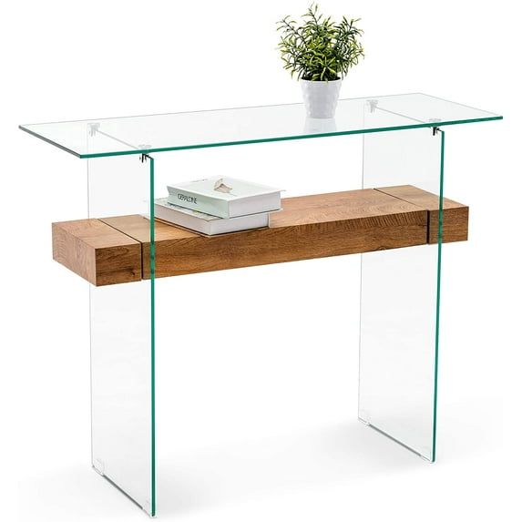 Sleek Dark Brown Glass-Top Console Table with Storage, 39.4"