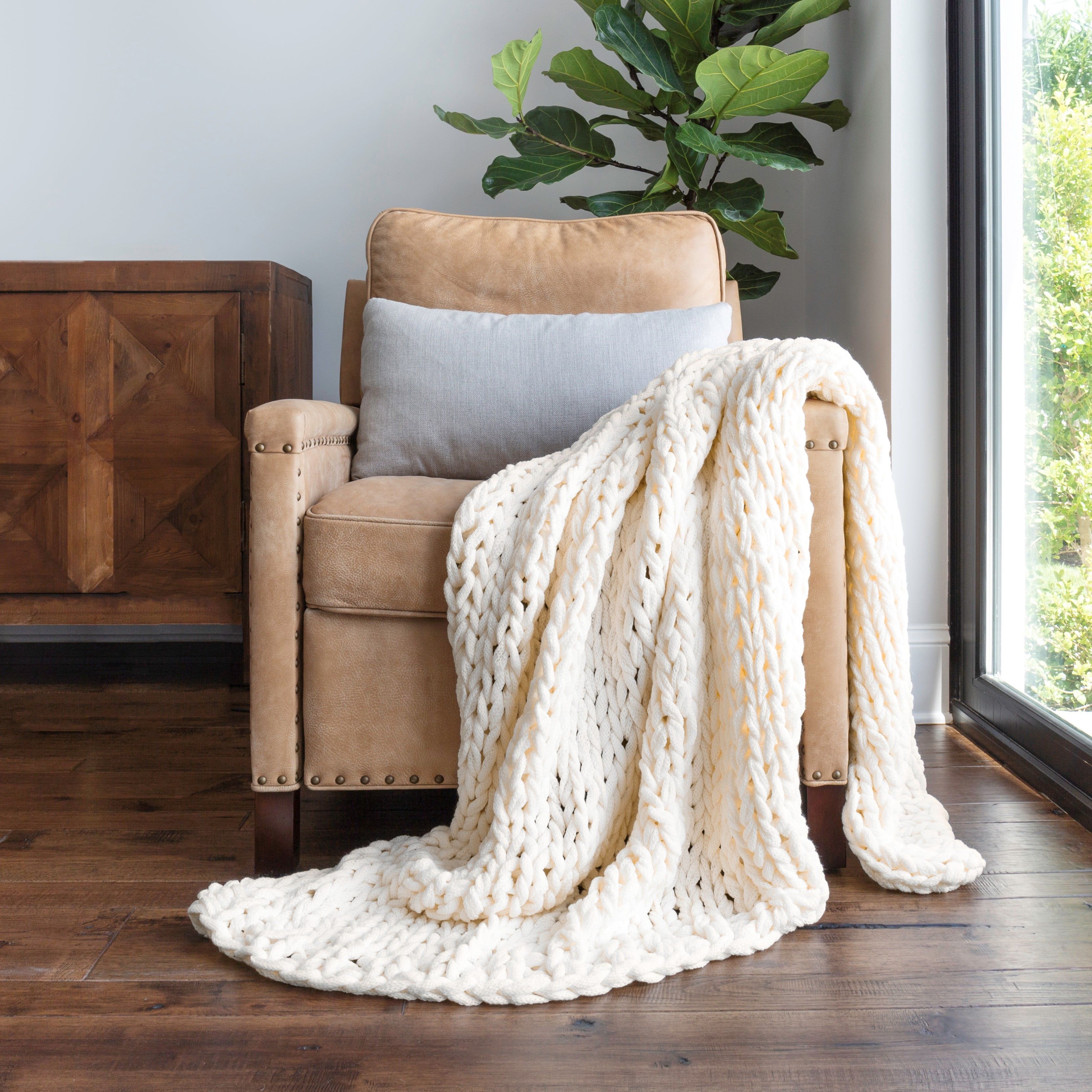 Ivory Ultra-Soft Chunky Knit Acrylic Throw Blanket 47'' x 59''