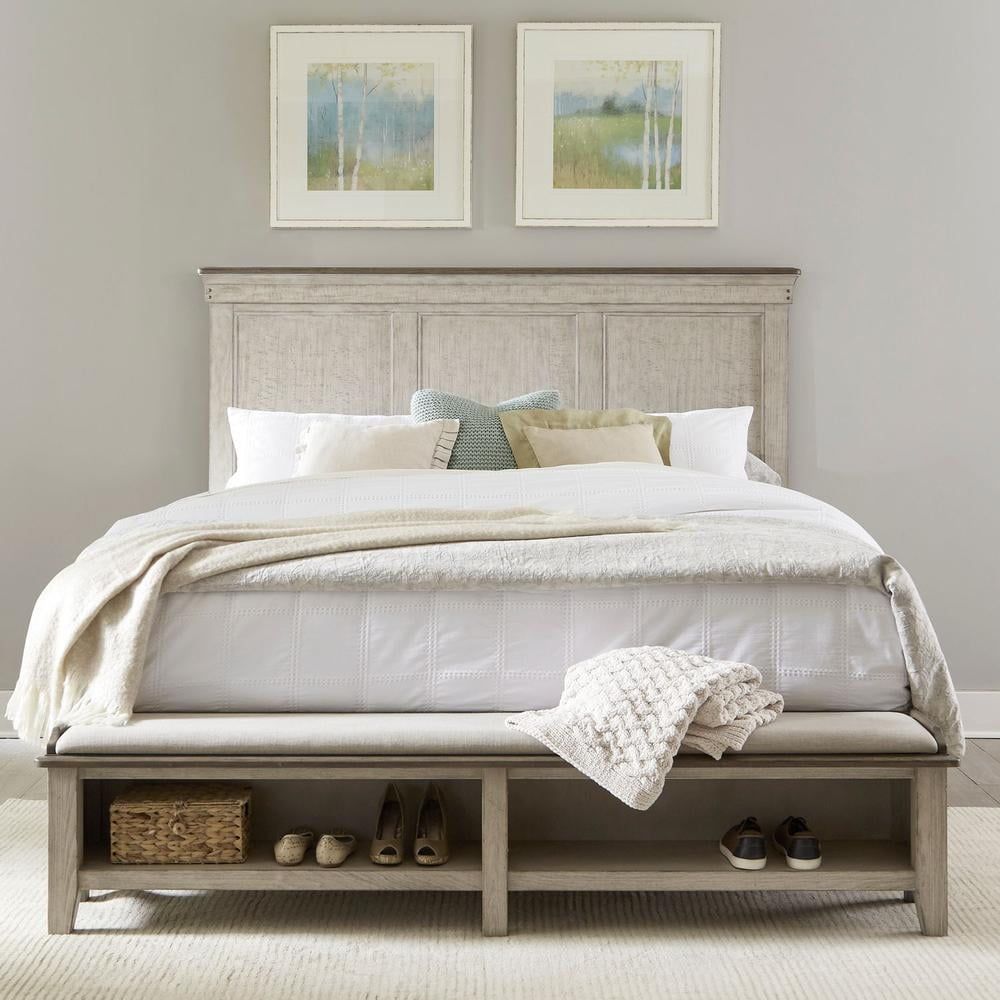 Cream Linen Upholstered King Storage Bed with Pine Frame