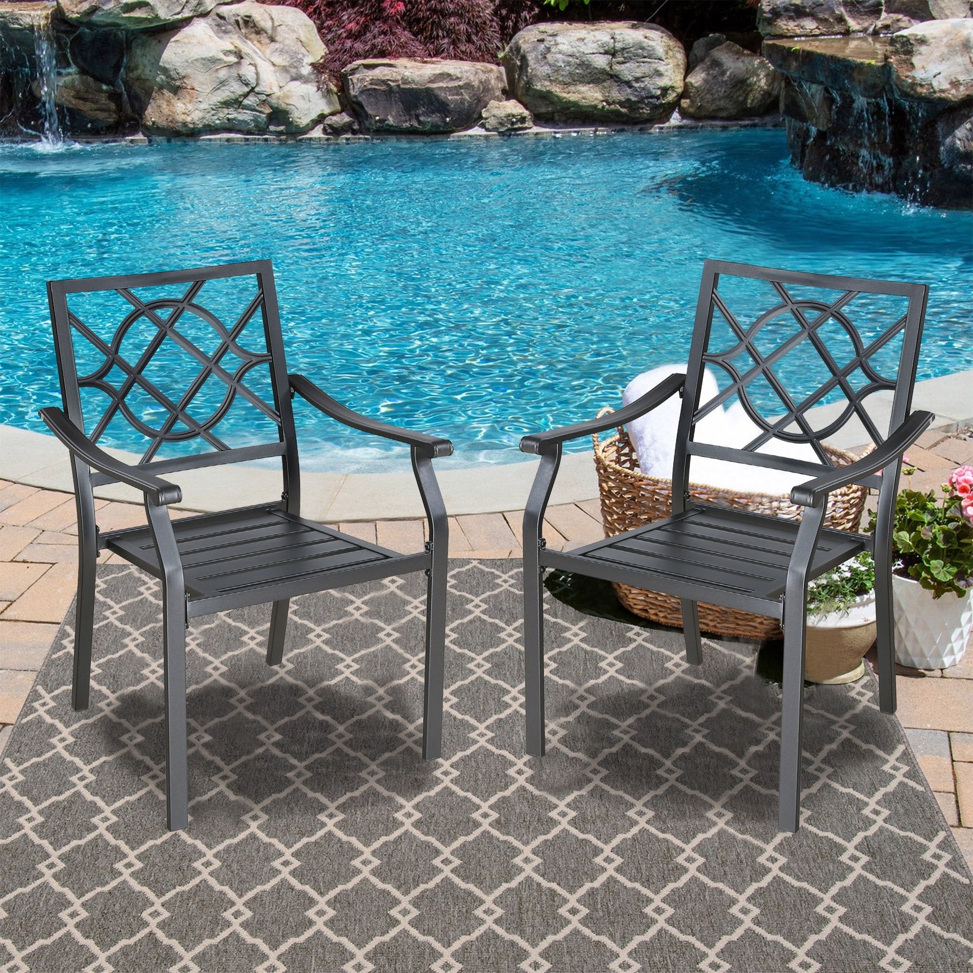 Black Steel Stackable Outdoor Dining Armchairs, Set of 2