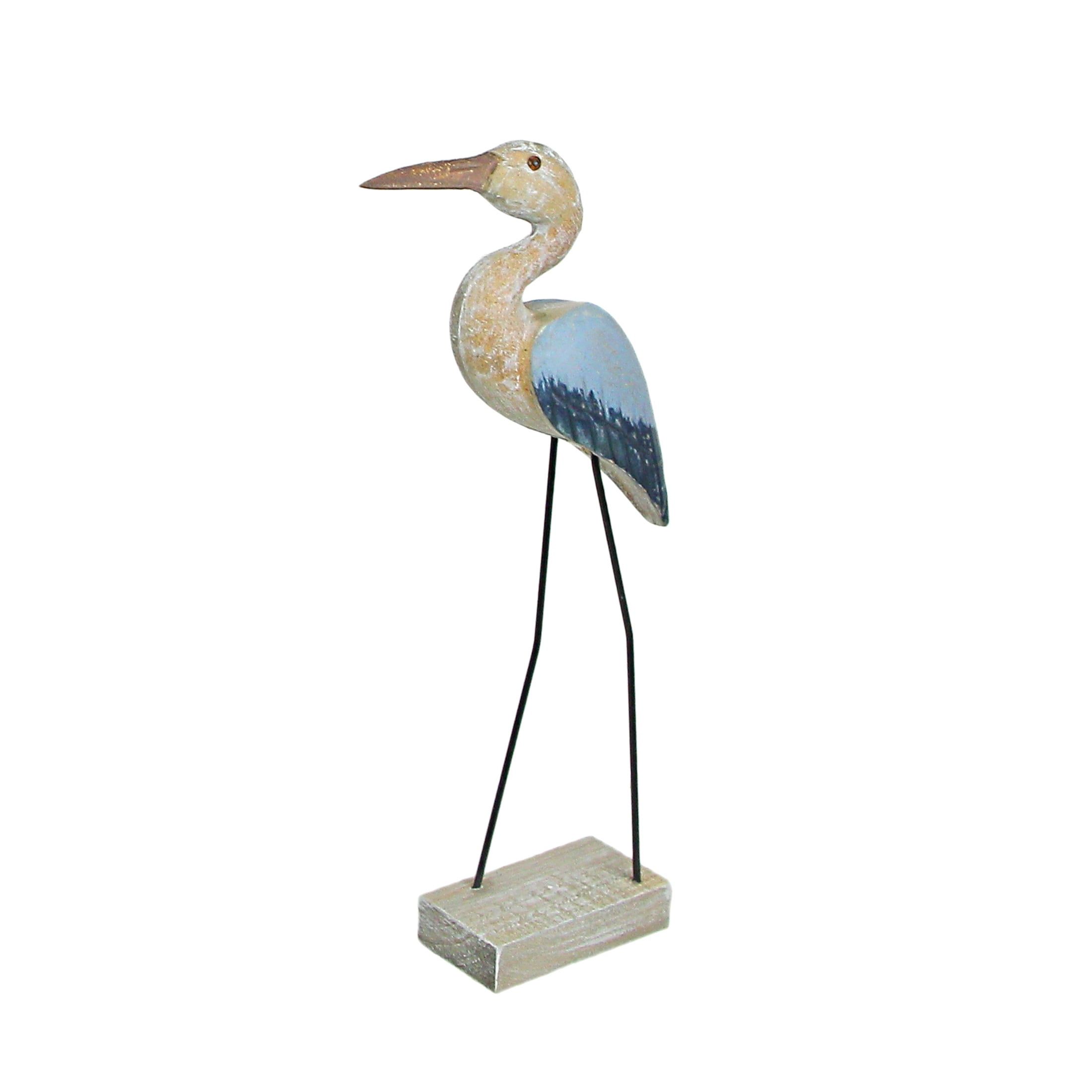 Hand-Carved Blue and Beige Wooden Heron Statue