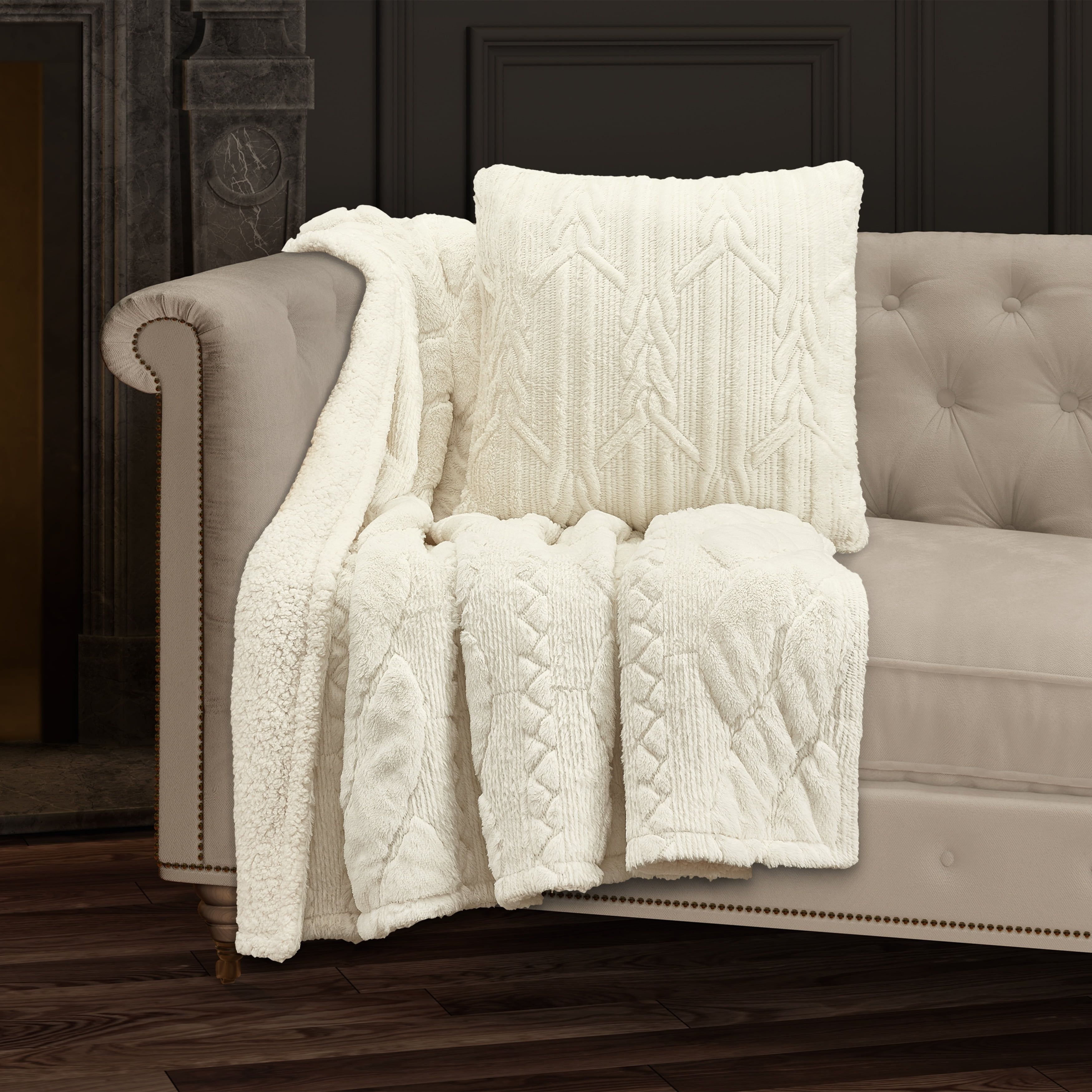 Queen Size Cream Fleece Sherpa Reversible Throw Blanket