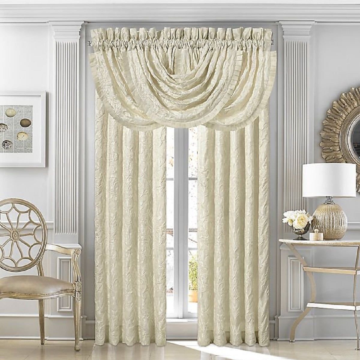 Ivory Damask Waterfall Valance with Pleated Trim