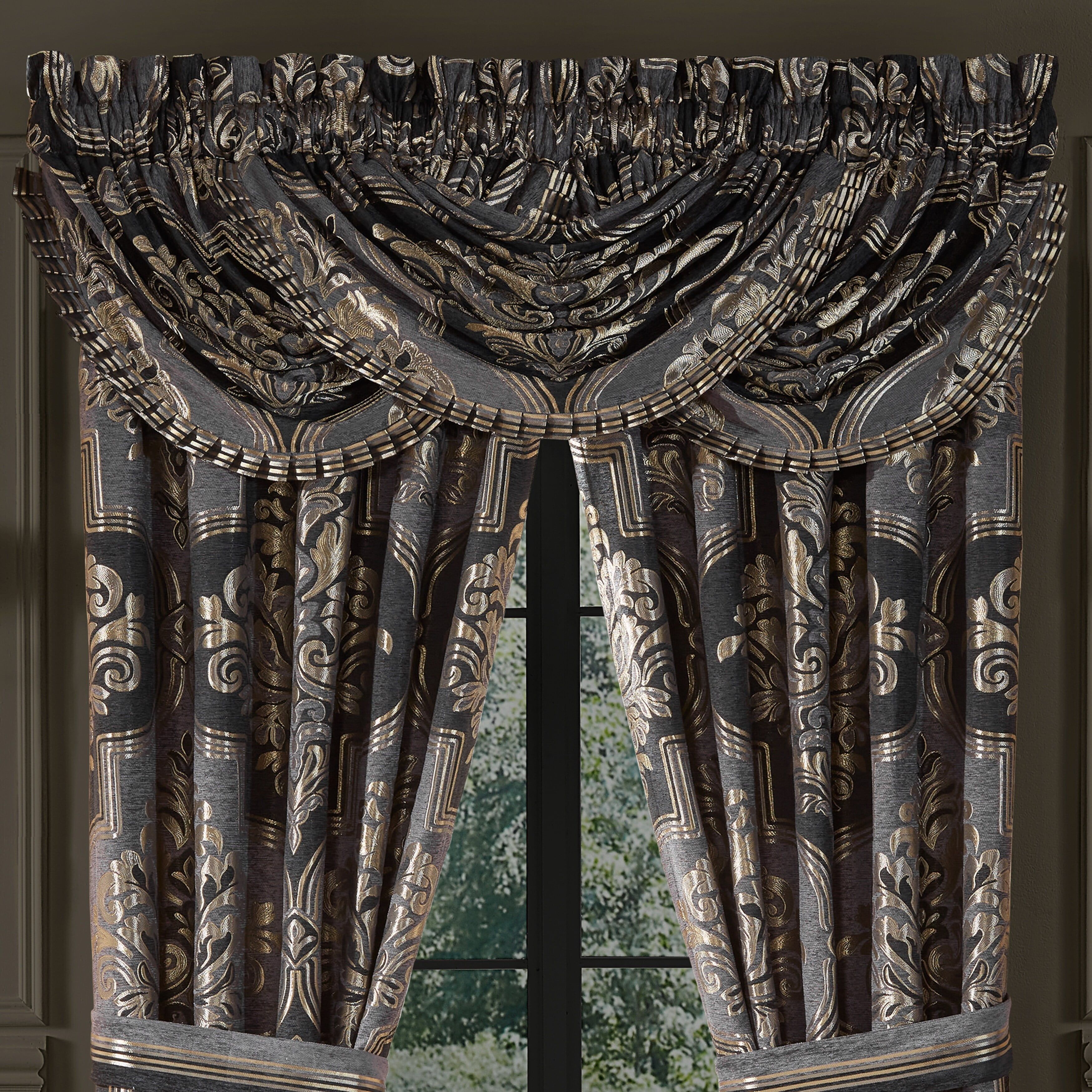 Gray Damask Waterfall Valance with Satin Trim