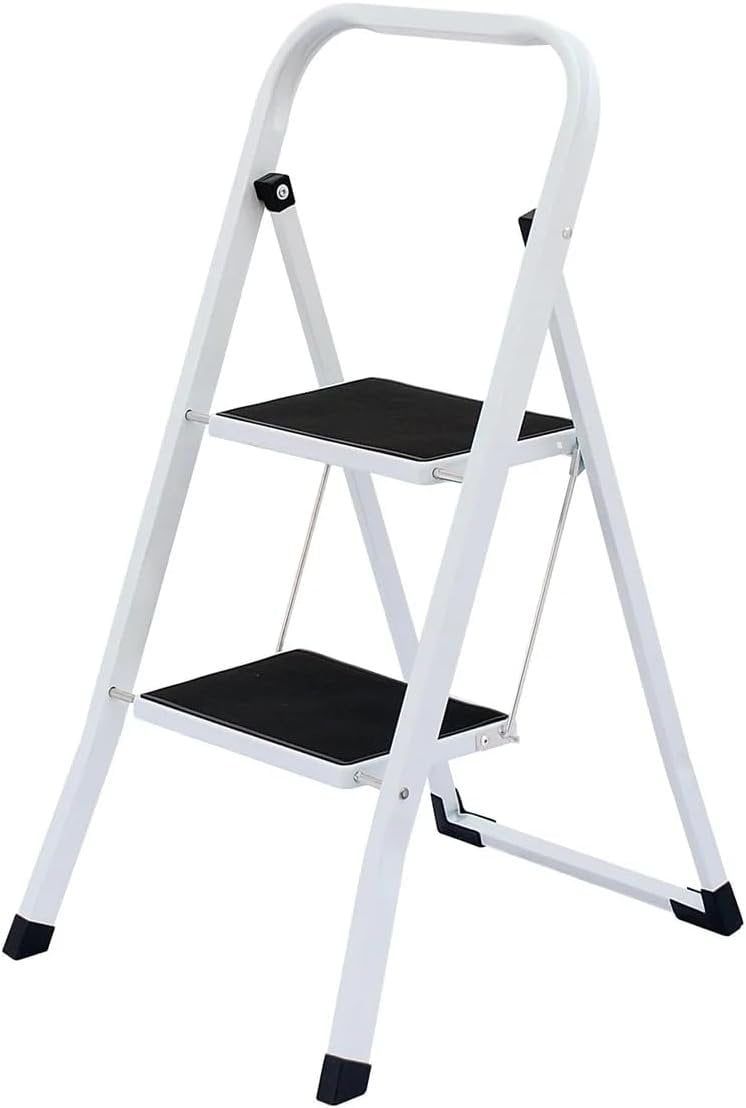 White Folding 2-Step Steel Ladder with Anti-Slip Pedal