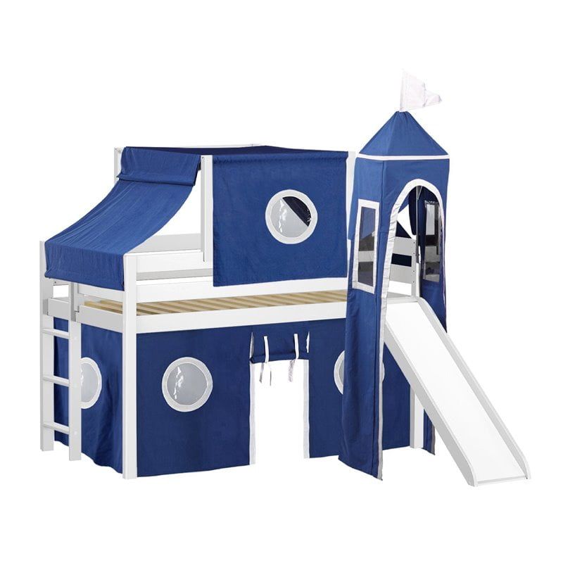 Blue Pine Twin Loft Bed with Slide and Tent