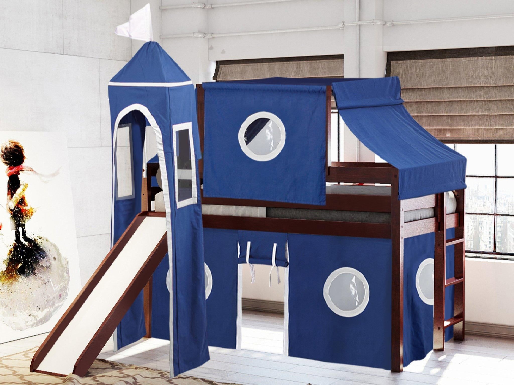 Cherry Pine Twin Loft Bed with Blue and White Tent and Slide