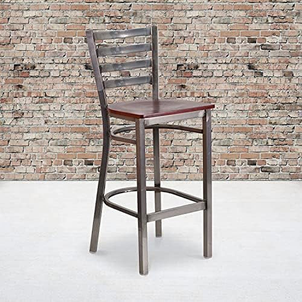 Mahogany Wood and Silver Metal Ladder Back Barstool