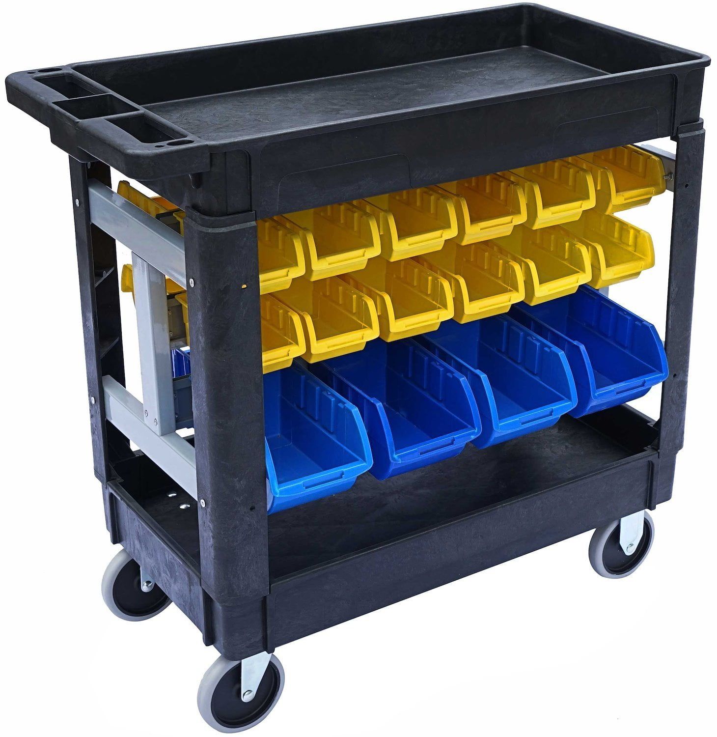 Heavy-Duty Black Utility Cart with Yellow and Blue Bins