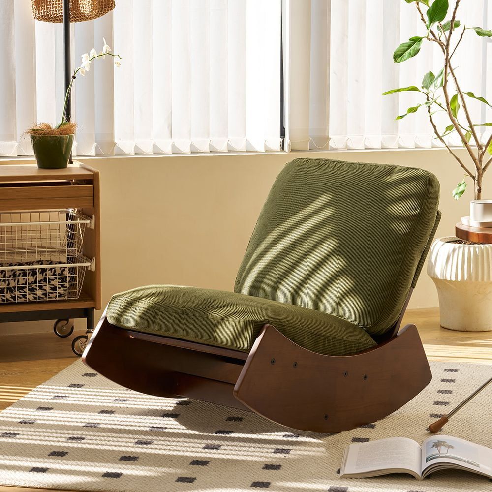 Green Corduroy Upholstered Solid Wood Rocking Chair