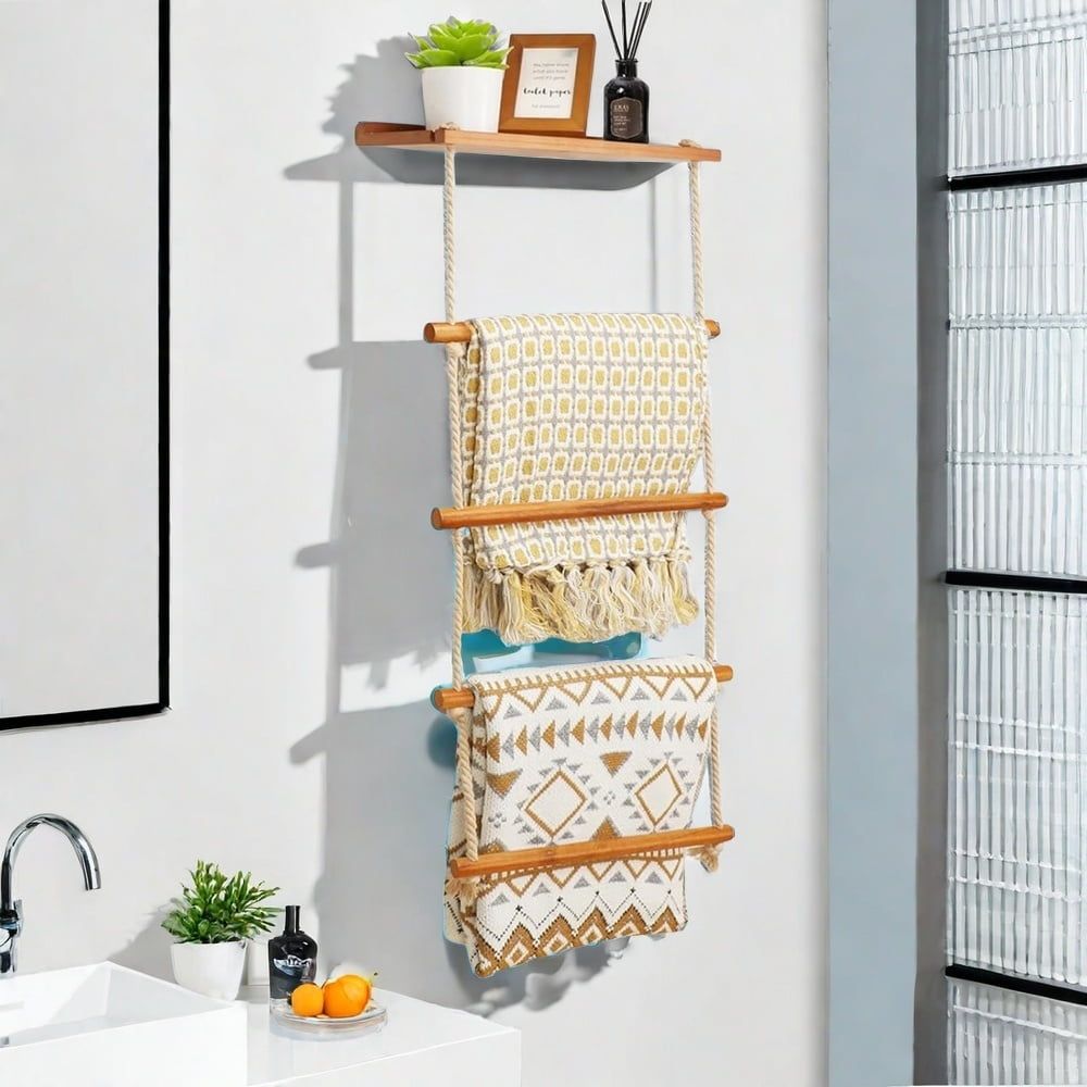 Brown Wooden and Cotton Rope 5-Layer Blanket Ladder