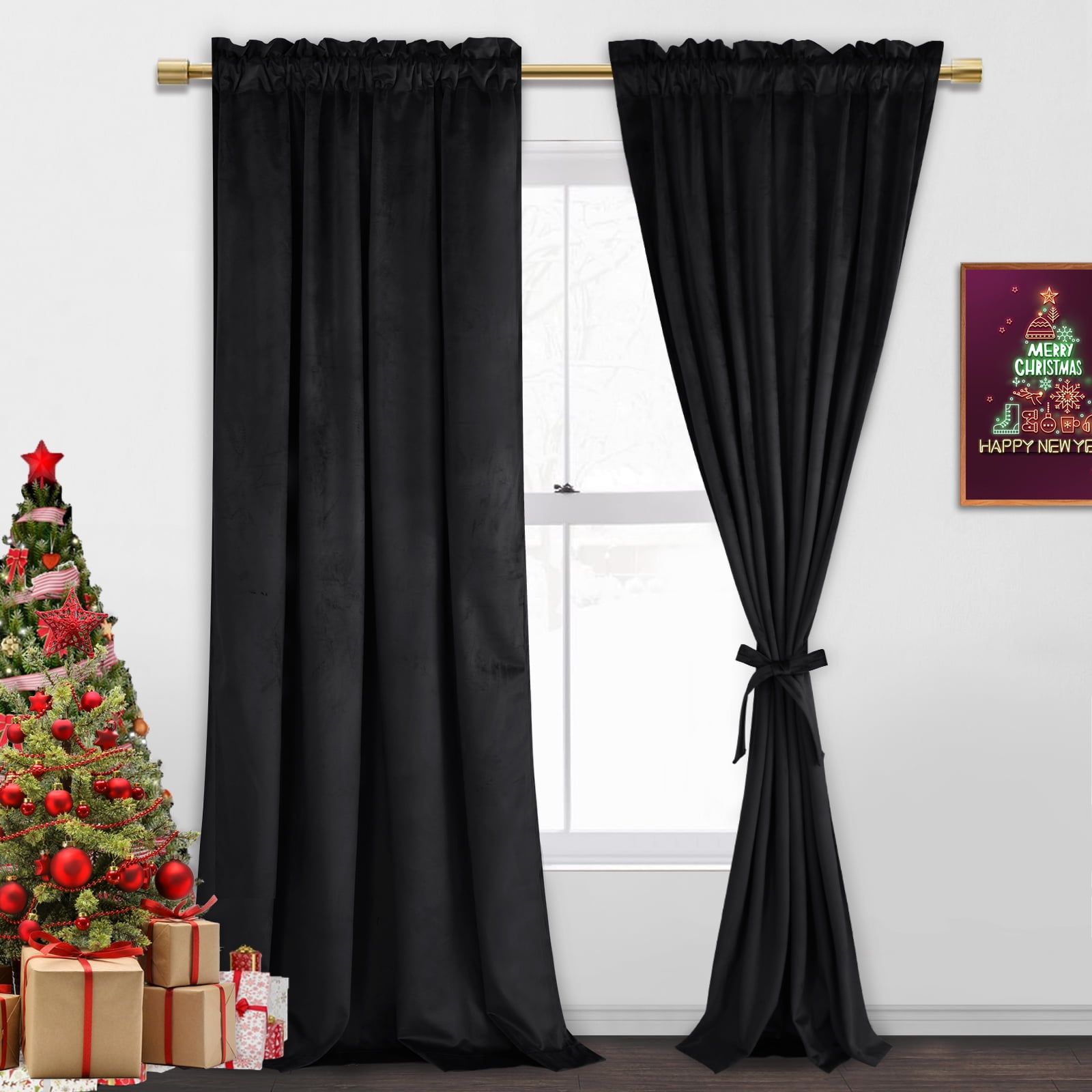 Black Velvet 96-Inch Blackout Curtain Panels with Rod Pocket