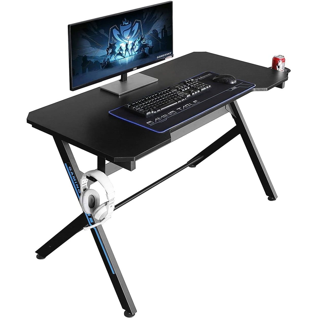 Black Wood Gaming Desk with Drawer and Cup Holder