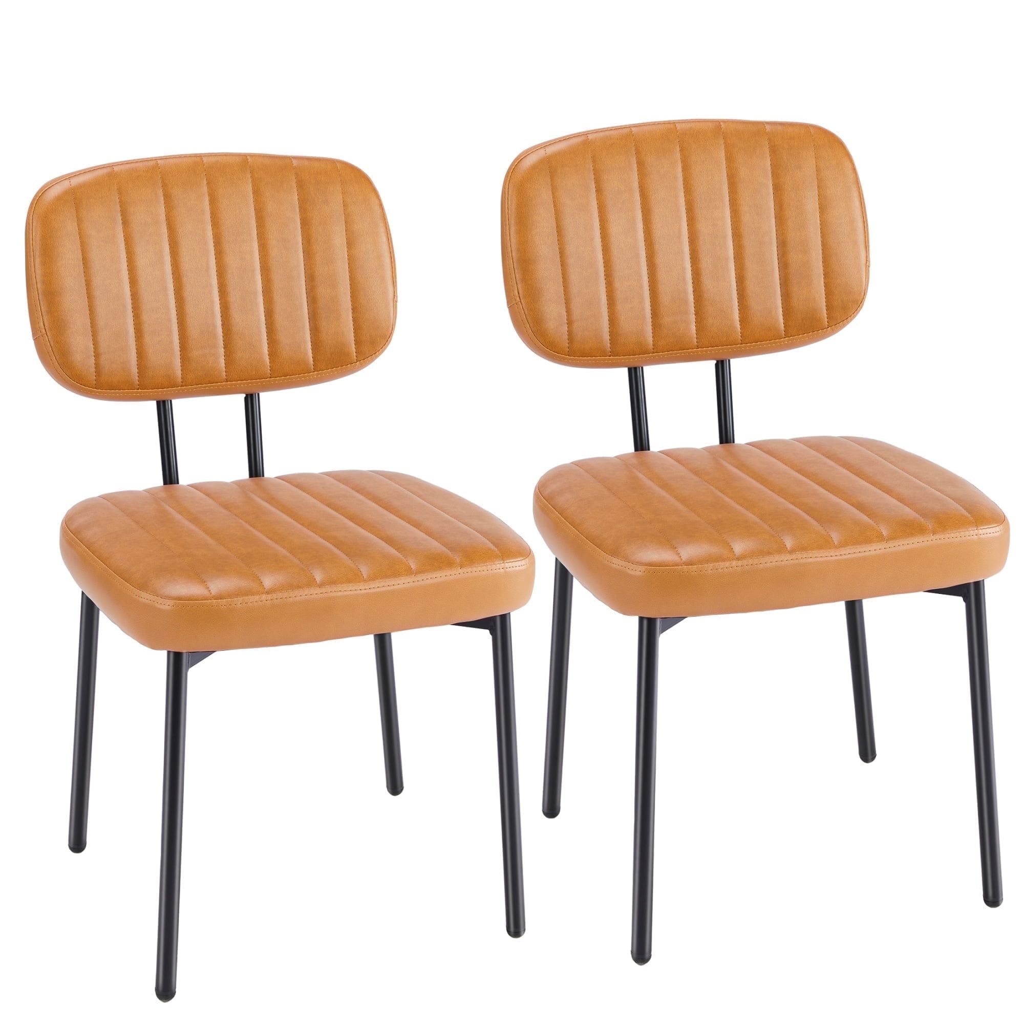 Mid-Century Modern Brown Faux Leather Upholstered Dining Chairs with Metal Legs, Set of 2