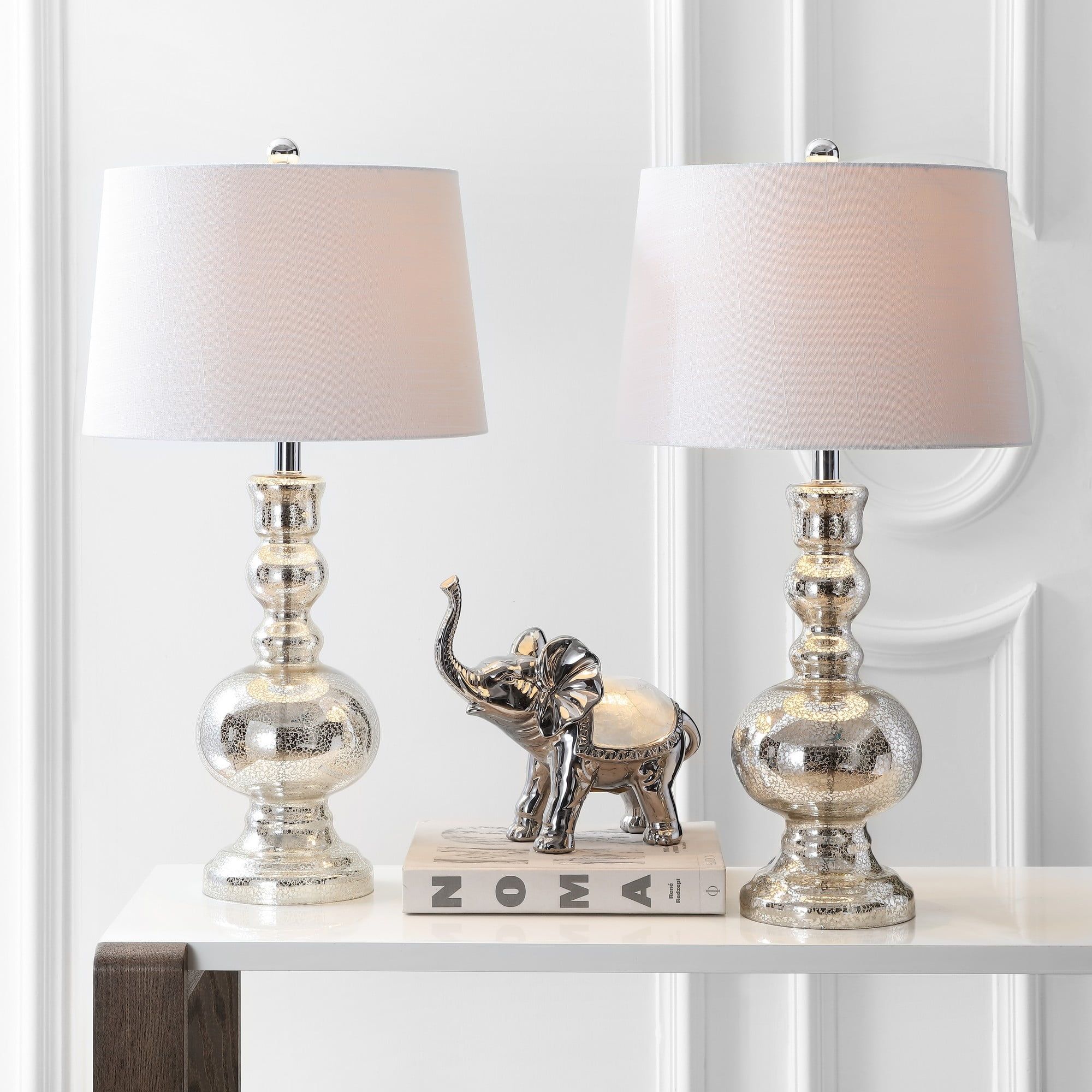 Mercury Silver Glass Table Lamp Set with White Cotton Shades