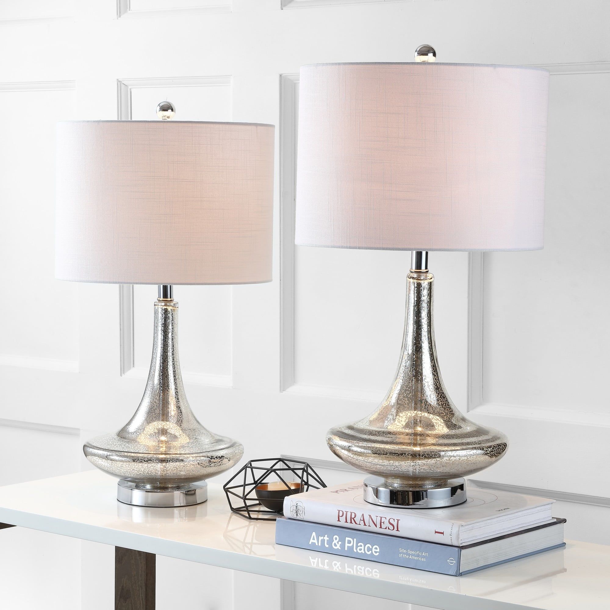 Mercury Silver Glass Teardrop LED Table Lamp Set with Linen Shade