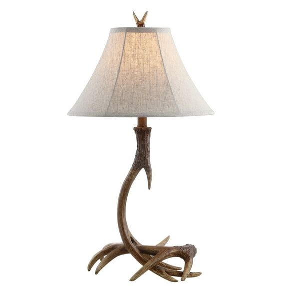 Rustic Brown Faux Antler LED Table Lamp with Linen Shade