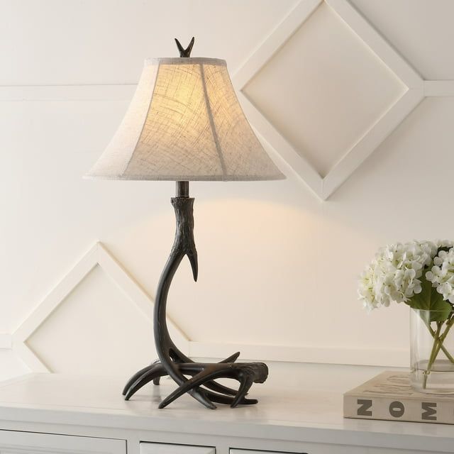Black Rustic Resin Antler Table Lamp with Linen Shade