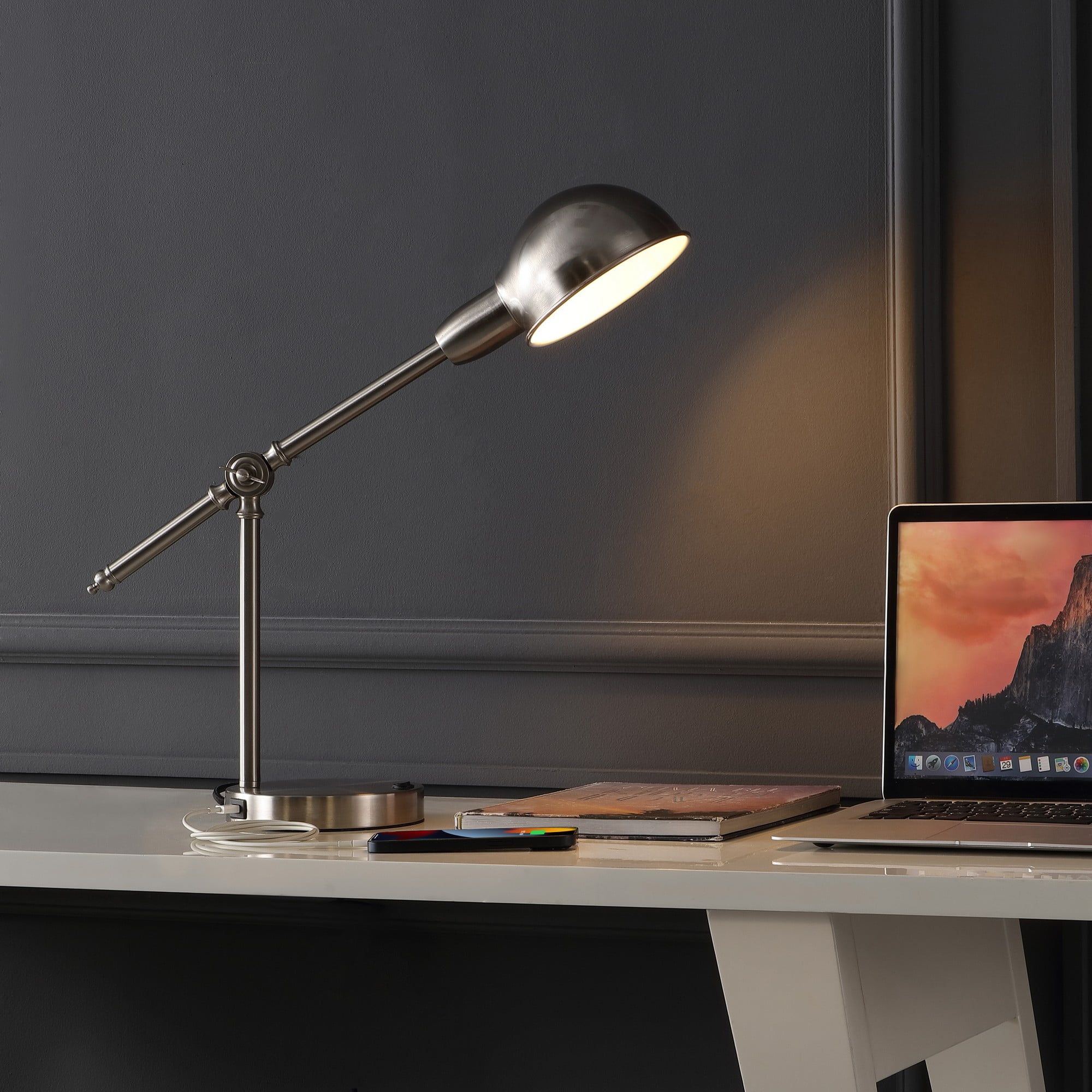 Curtis Nickel Adjustable Dome Shade LED Task Lamp with USB Charging Port