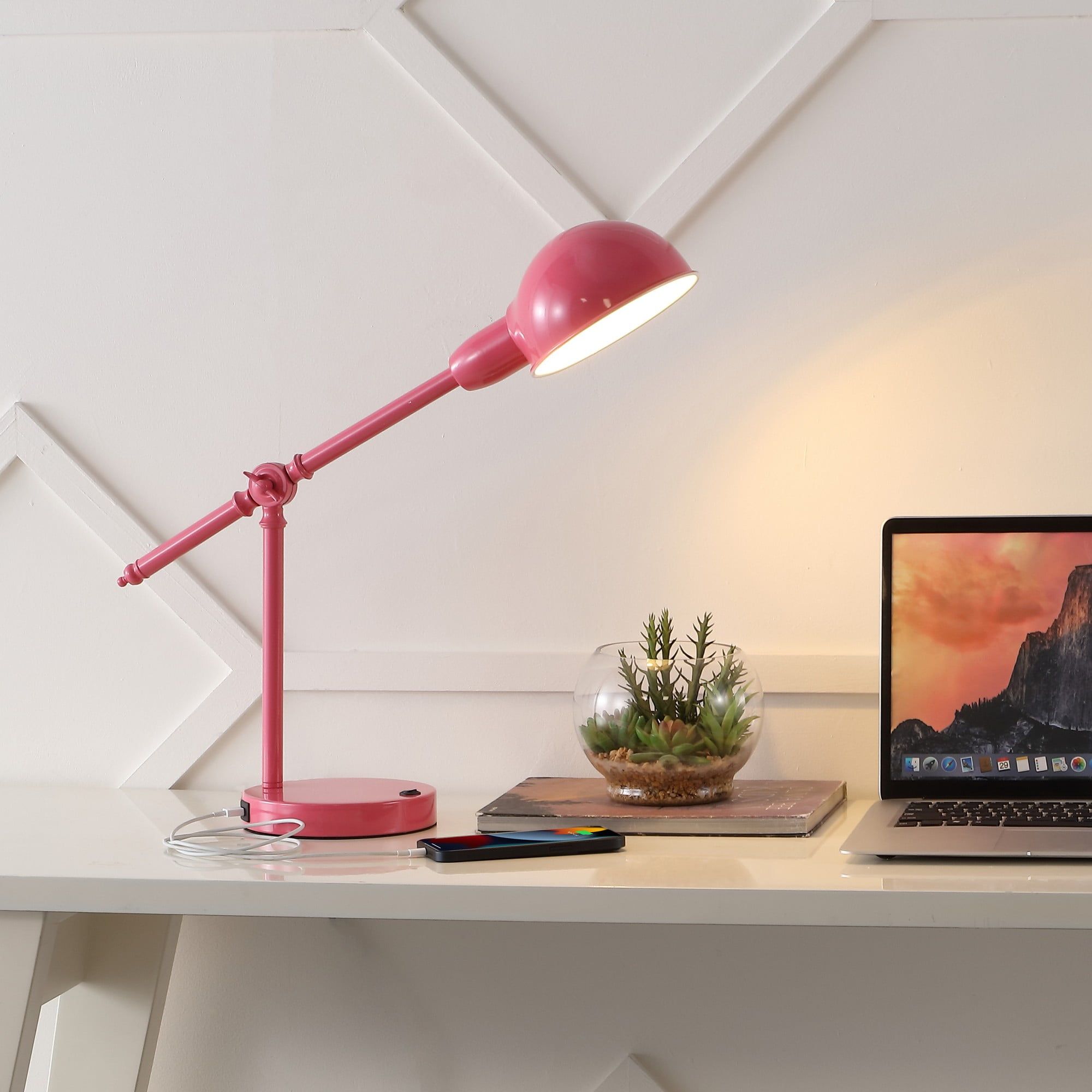 Pink Adjustable Iron Dome Shade LED Task Lamp with USB Port