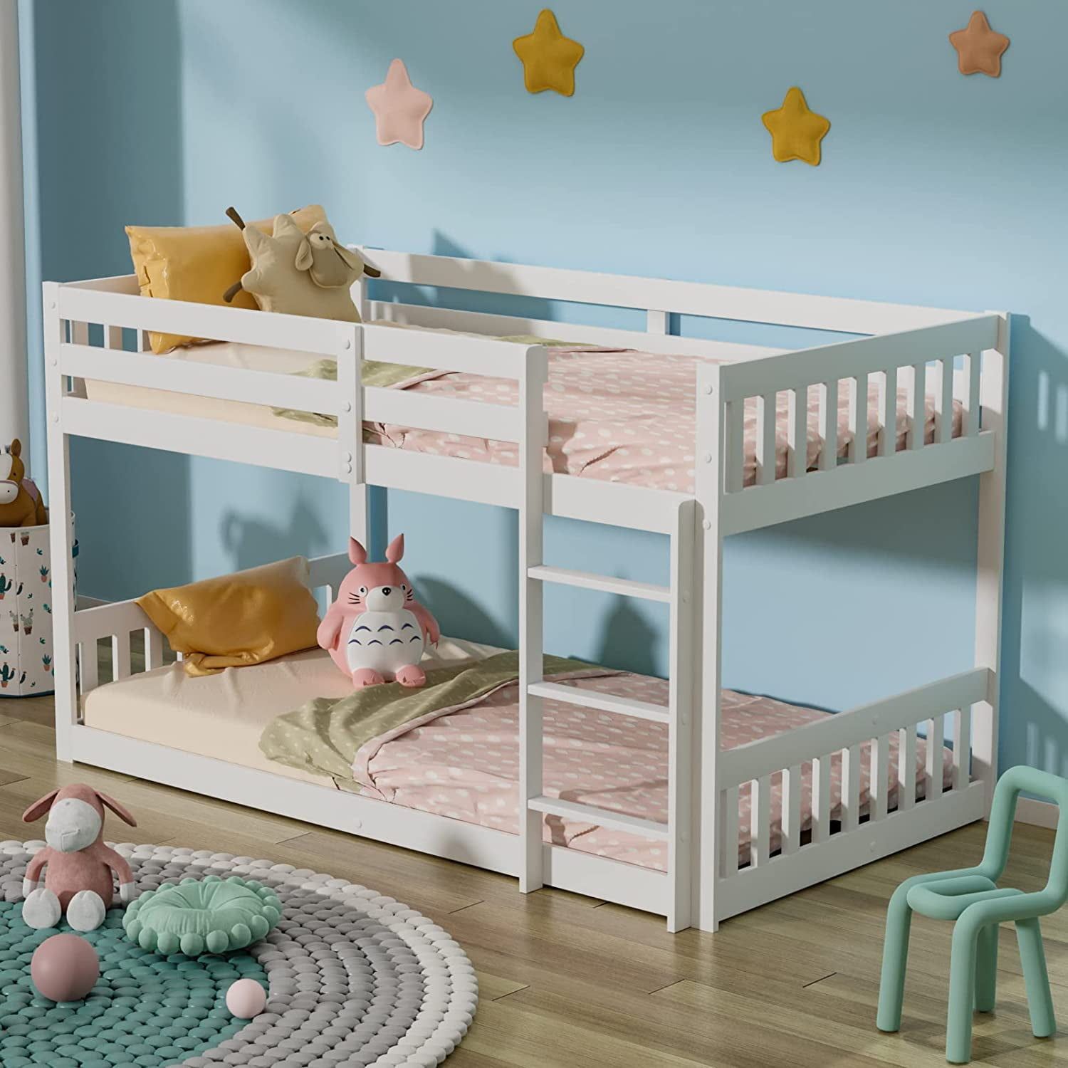 White Twin Over Twin Pine Wood Bunk Bed with Drawer