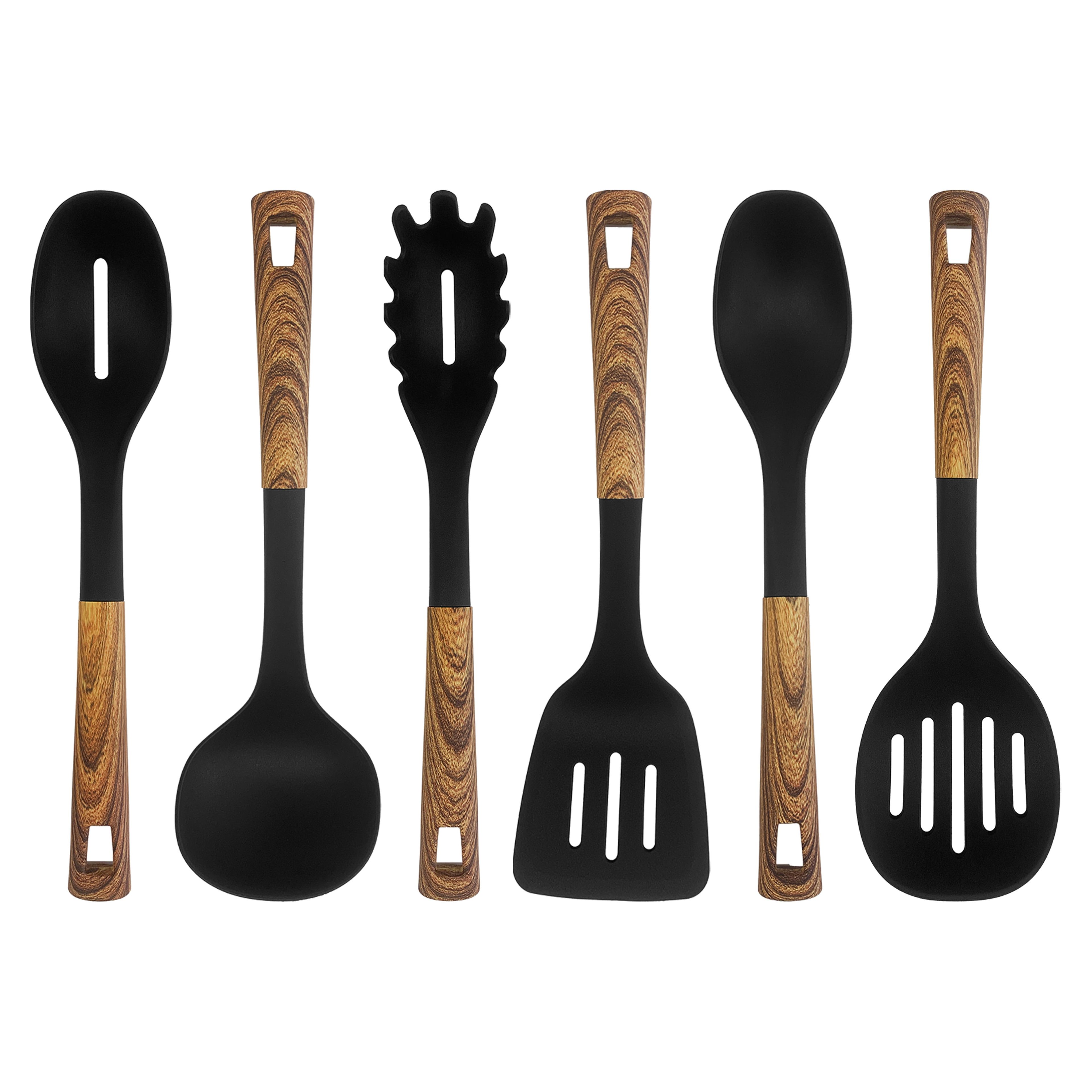 6-Piece Black Nylon Kitchen Utensils Set with Wood Coated Handles