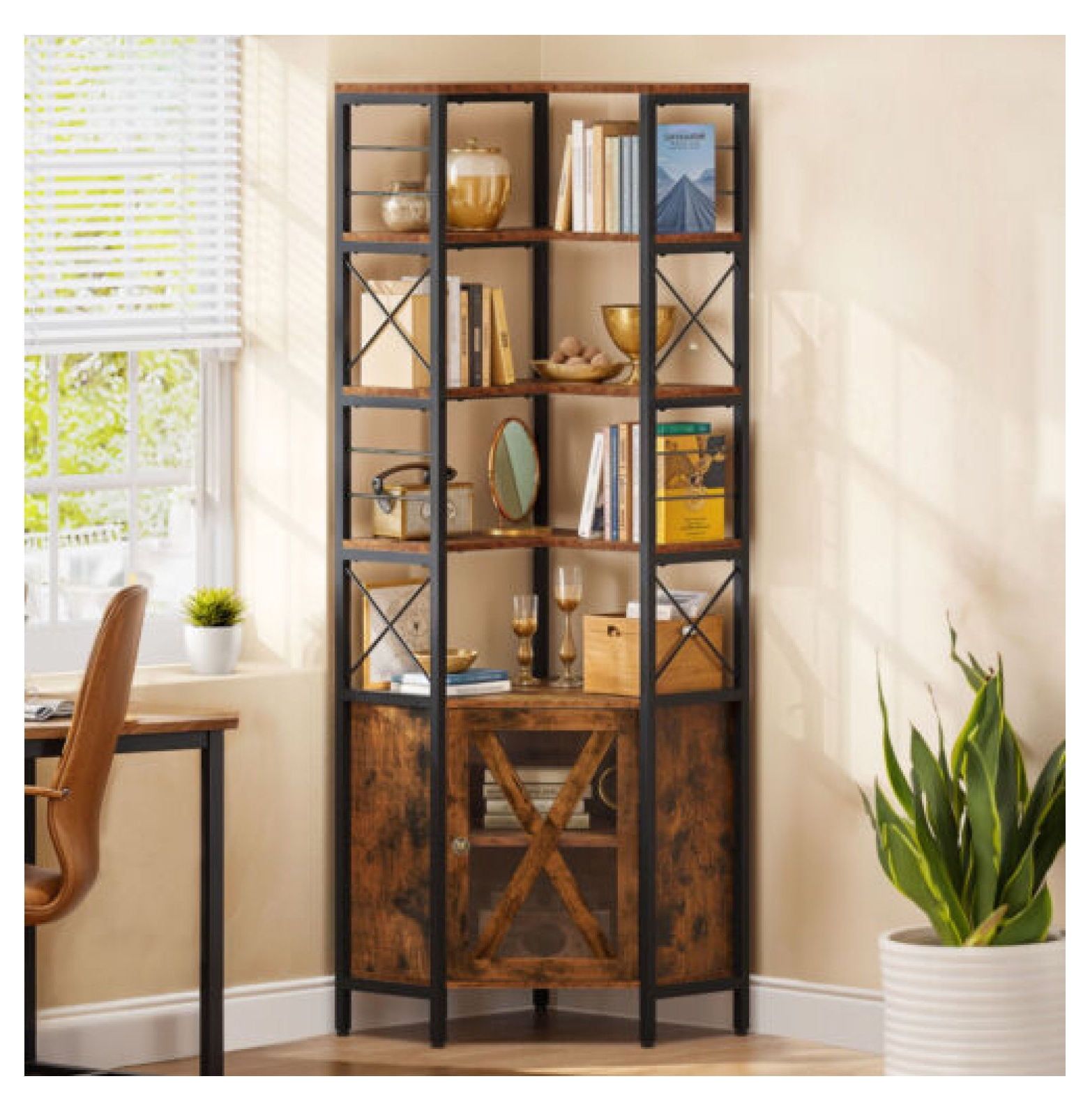 Rustic Brown 7-Tier Corner Bookshelf with Doors and Black Frame