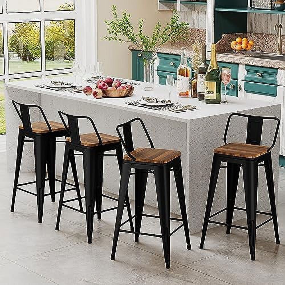 Set of 4 Black Metal and Wood Counter Stools