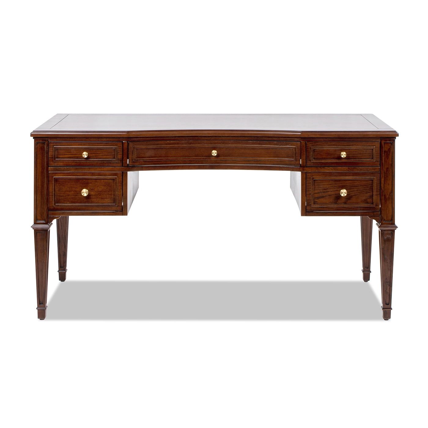 Walnut Brown Ash Wood Executive Desk with Gold Accents and Drawers