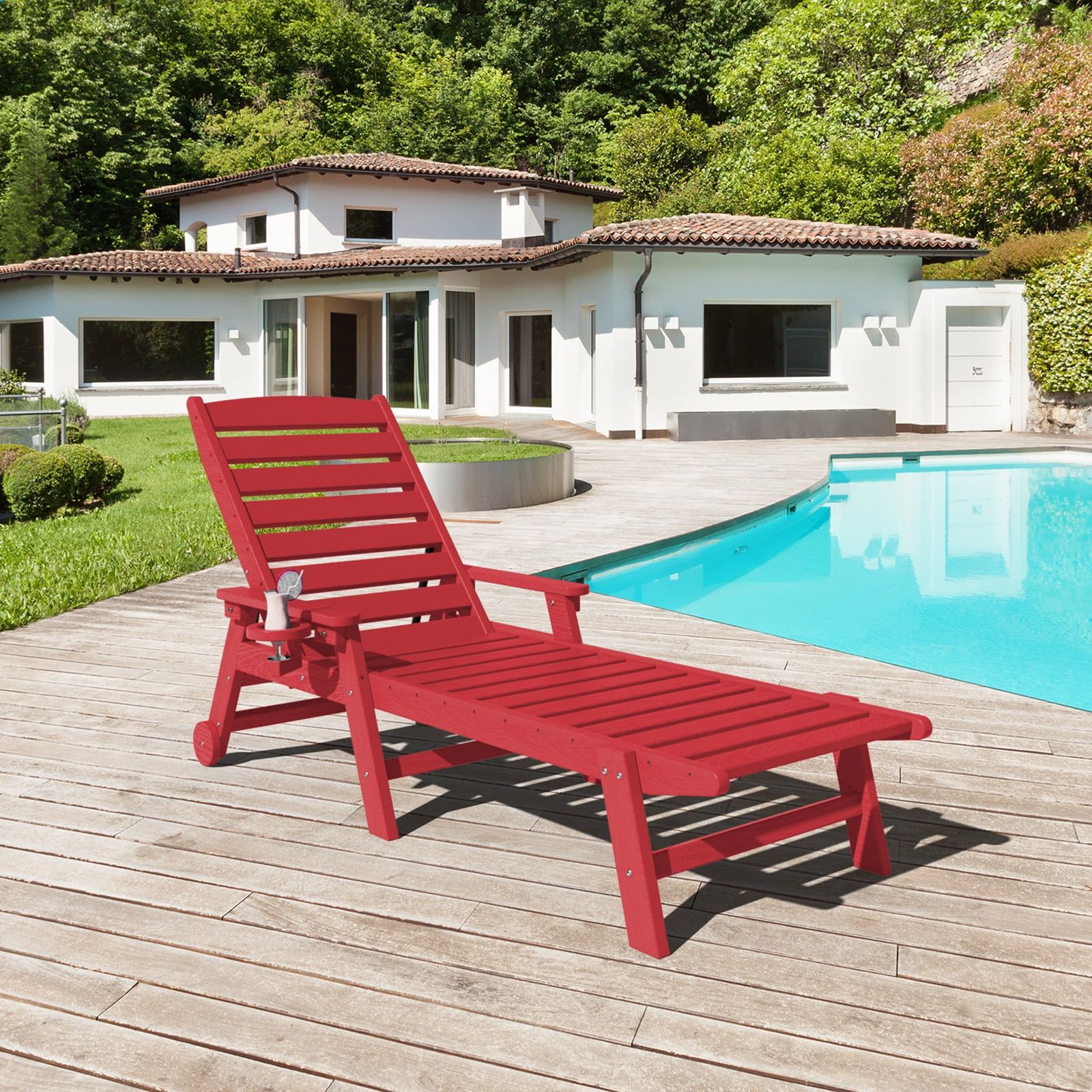 Laguna Red Plastic Chaise Beach Lounger with Arms