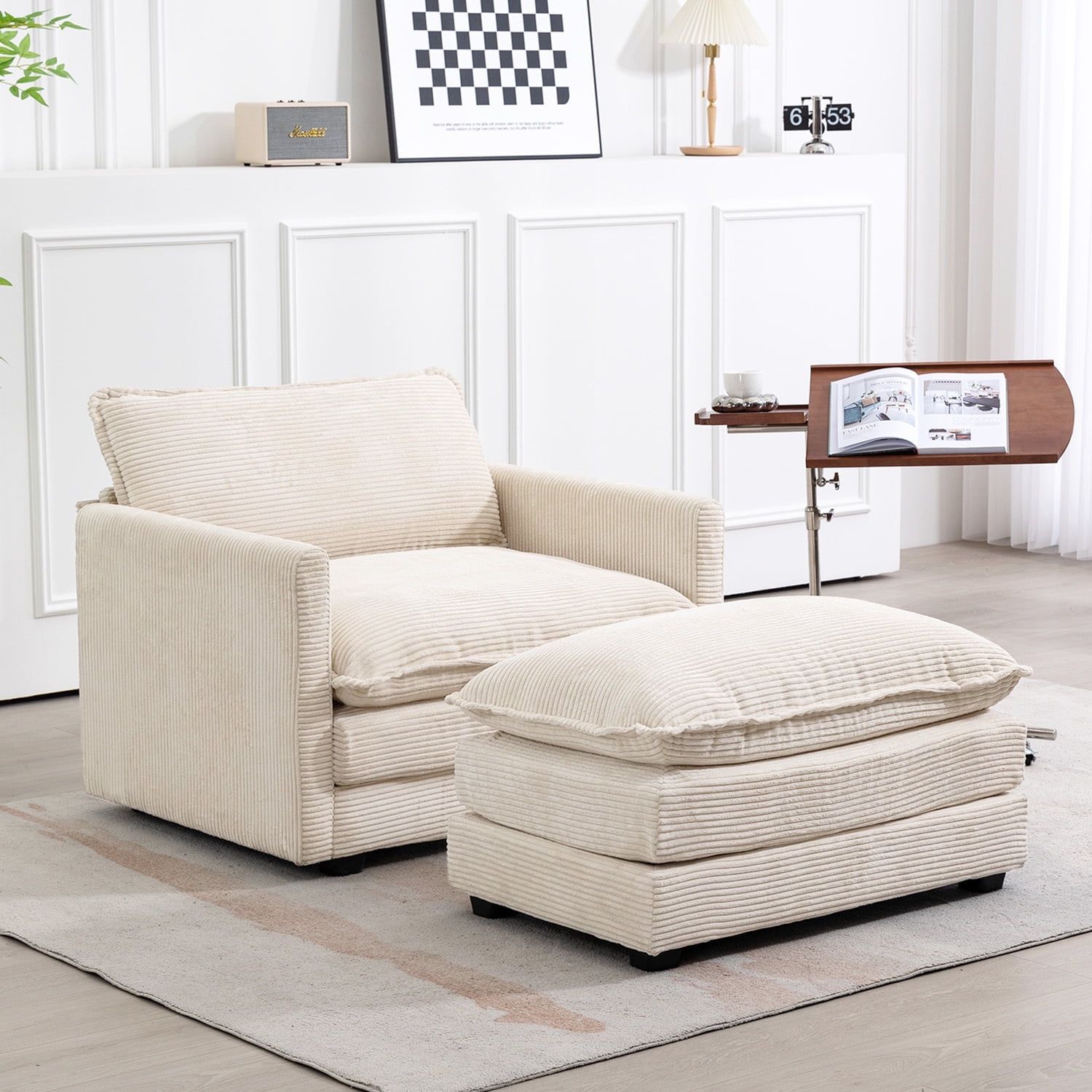 Beige Corduroy Club Chair with Ottoman and Metal Frame